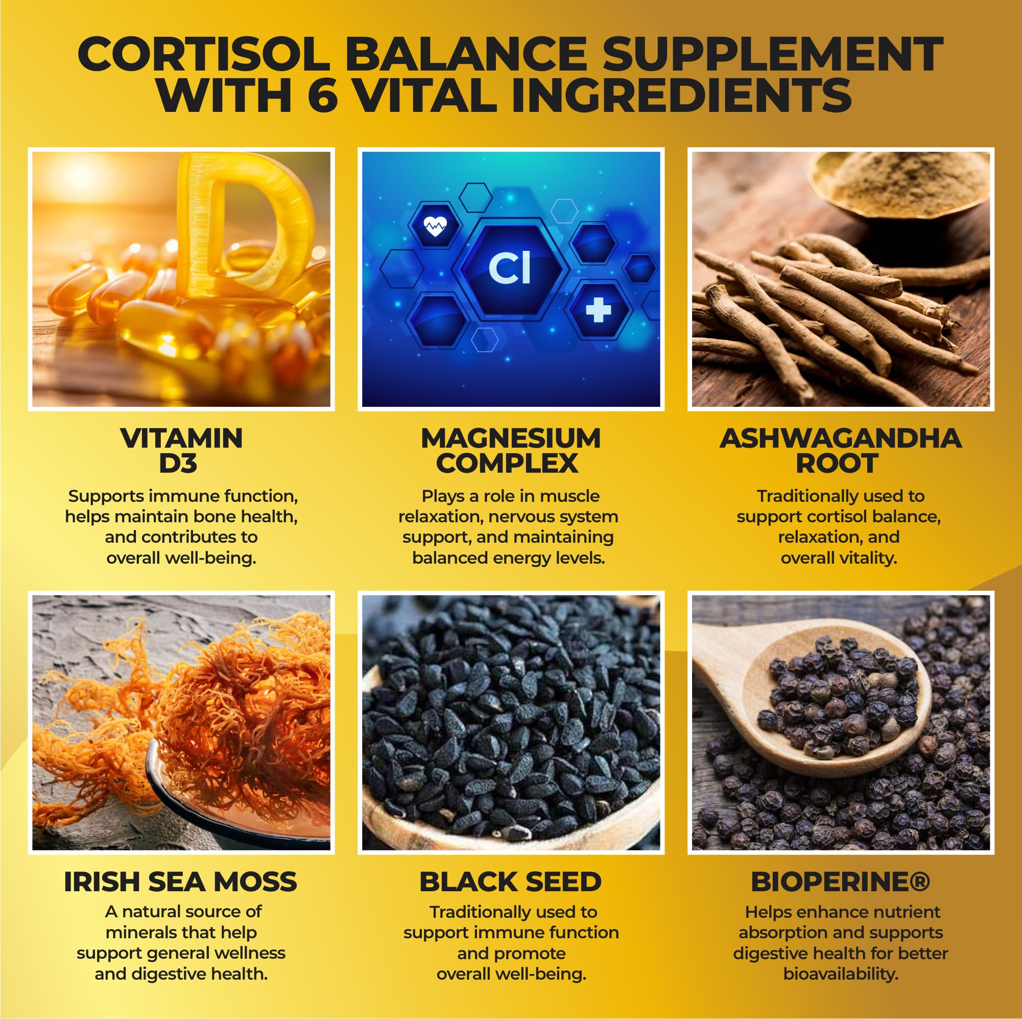 Cortisol Balance and Immune Support Supplement with Ashwagandha, Irish Sea Moss, Black Seed, Vitamin D and Magnesium Complex | Mood Enhancer | Immunity Booster | Stress Relief Pills | 90 Capsules HerbaMe Au supplements