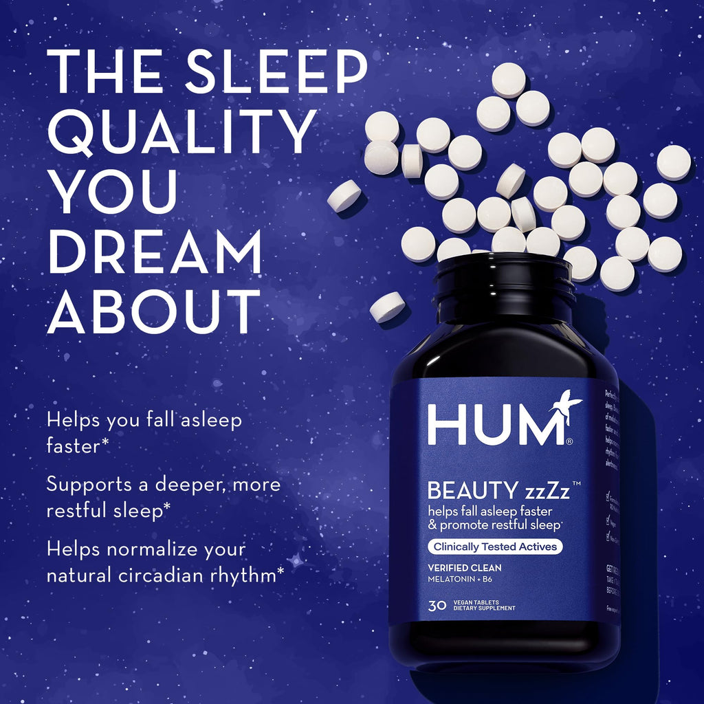 HUM Beauty zzZz Melatonin Sleep Supplement for Adults with Melatonin 3mg, Vitamin B6 and Calcium, Vegan, Gluten Free, Non GMO Sleep Support Tablets for Adults and Beauty Rest, 30 Vegan Tablets HUM Au supplements