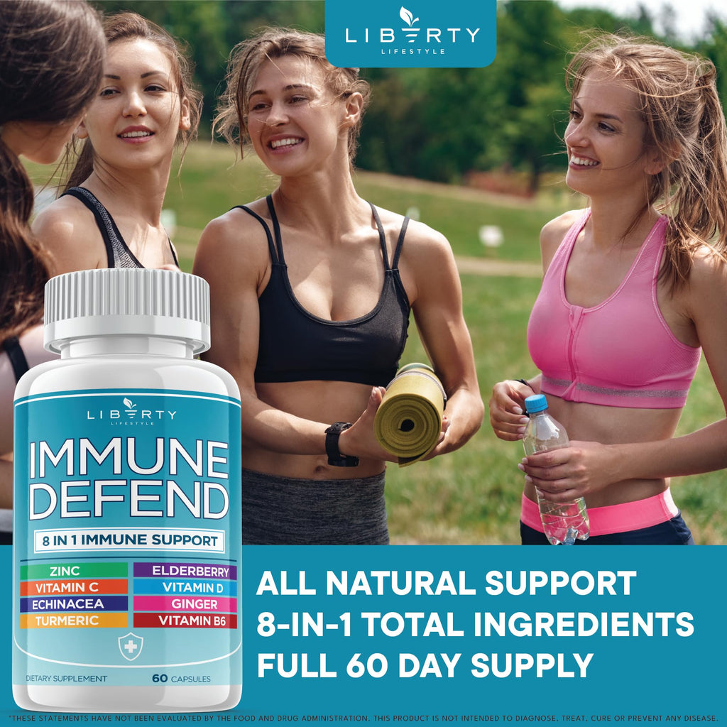 8 in 1 Immune Defense Support, Immunity Vitamins Supplement Booster Zinc 50mg, Vitamin C Elderberry VIT D3 5000 IU, Turmeric Curcumin & Ginger