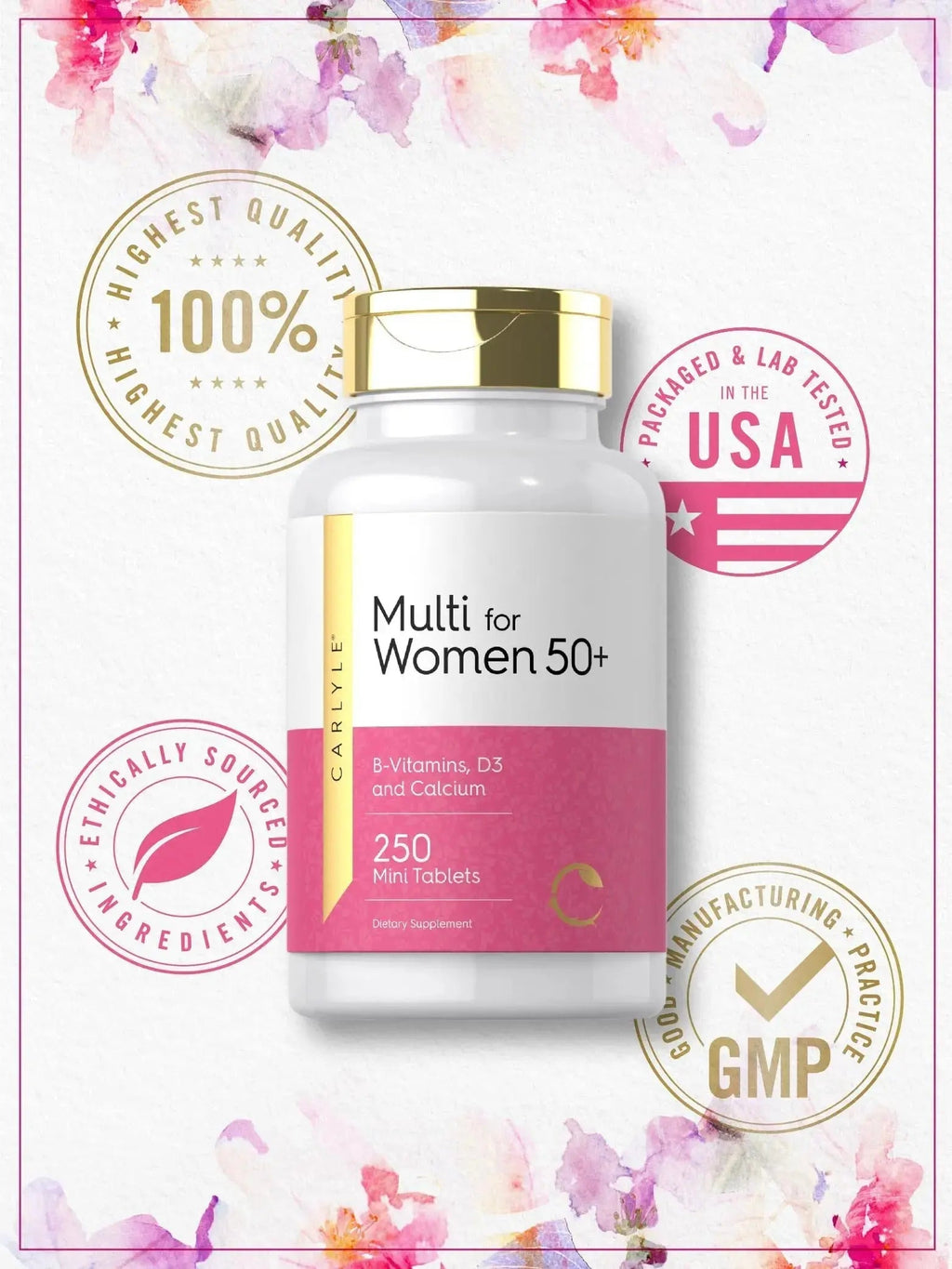 Carlyle Multivitamin for Women 50 Plus | 250 Mini Tablets | Iron Free Supplement | Vitamins A, B12, C, D3, Folate (as Folic Acid) and Calcium | Carlyle Au supplements