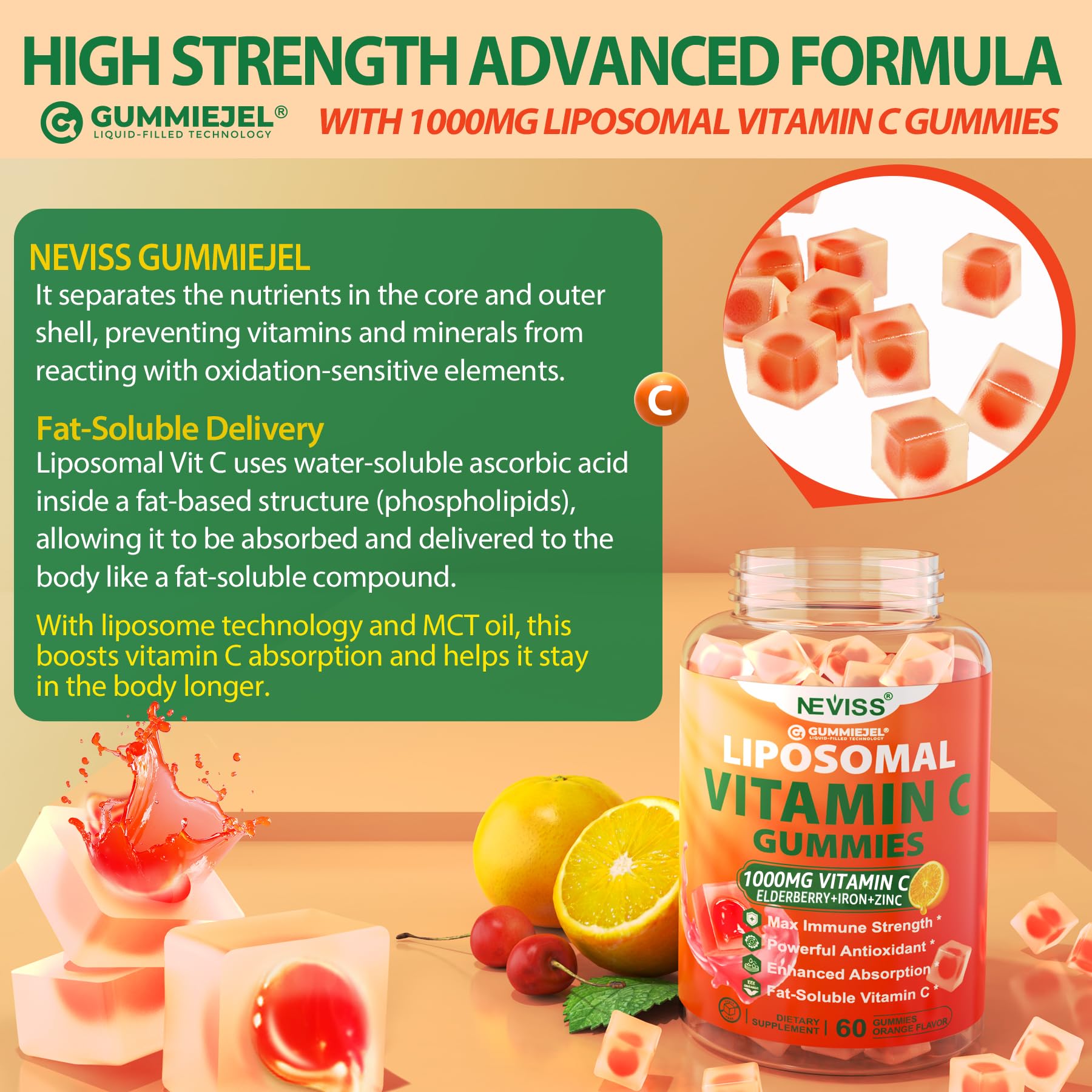 Liposomal Vitamin C 1000mg Gummies for Adults - Vitamin C Chewable with Elderberry, Zinc & 8mg Iron, Sugar Free Vit C Supplements, Daily Immune Support Gummies for Energy