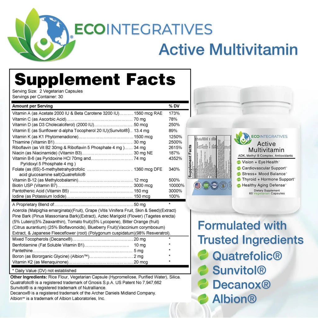 EcoIntegratives Active Multivitamin | ADK, Methyl B Complex, Antioxidants | Quatrefolic Folate, Methyl B12, P5P, Vitamin D3, K1/K2 | EcoIntegratives Au supplements