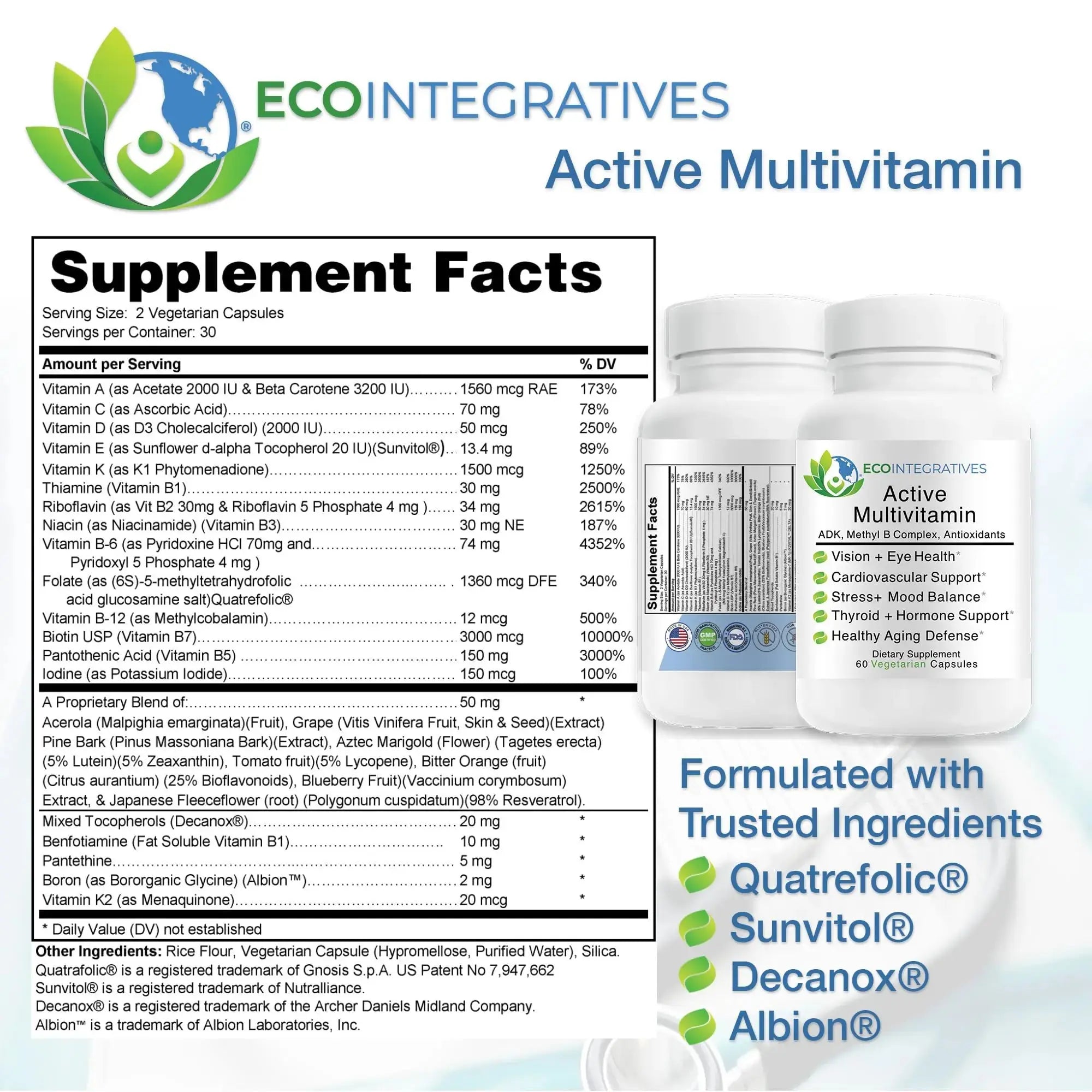 EcoIntegratives Active Multivitamin | ADK, Methyl B Complex, Antioxidants | Quatrefolic Folate, Methyl B12, P5P, Vitamin D3, K1/K2 | EcoIntegratives Au supplements