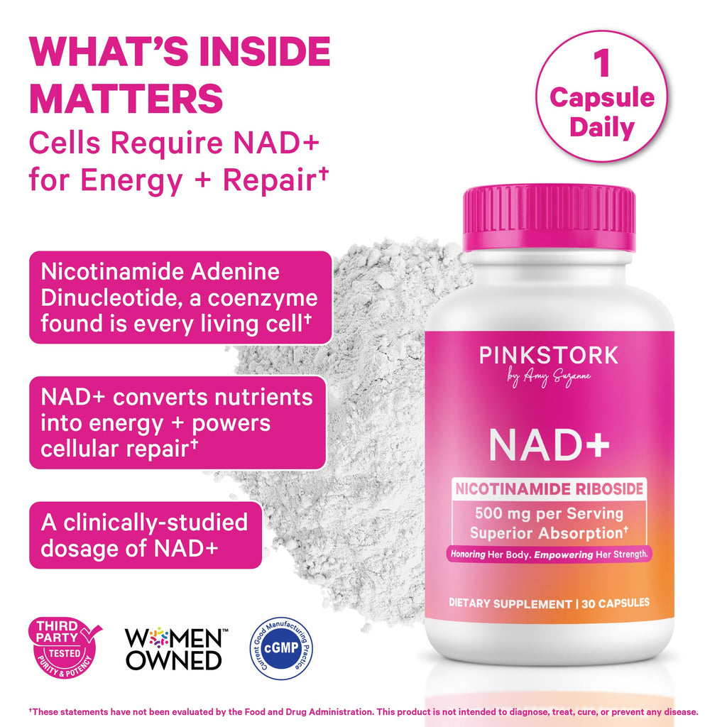 Pink Stork NAD+ Supplement for Women | 500mg Nicotinamide Riboside NR | Clinically-Studied Pure NMN Powder | Brain + Cognitive Support |Energy, Skin Essentials Over 30 | 1 Month Supply Pink Stork Au supplements