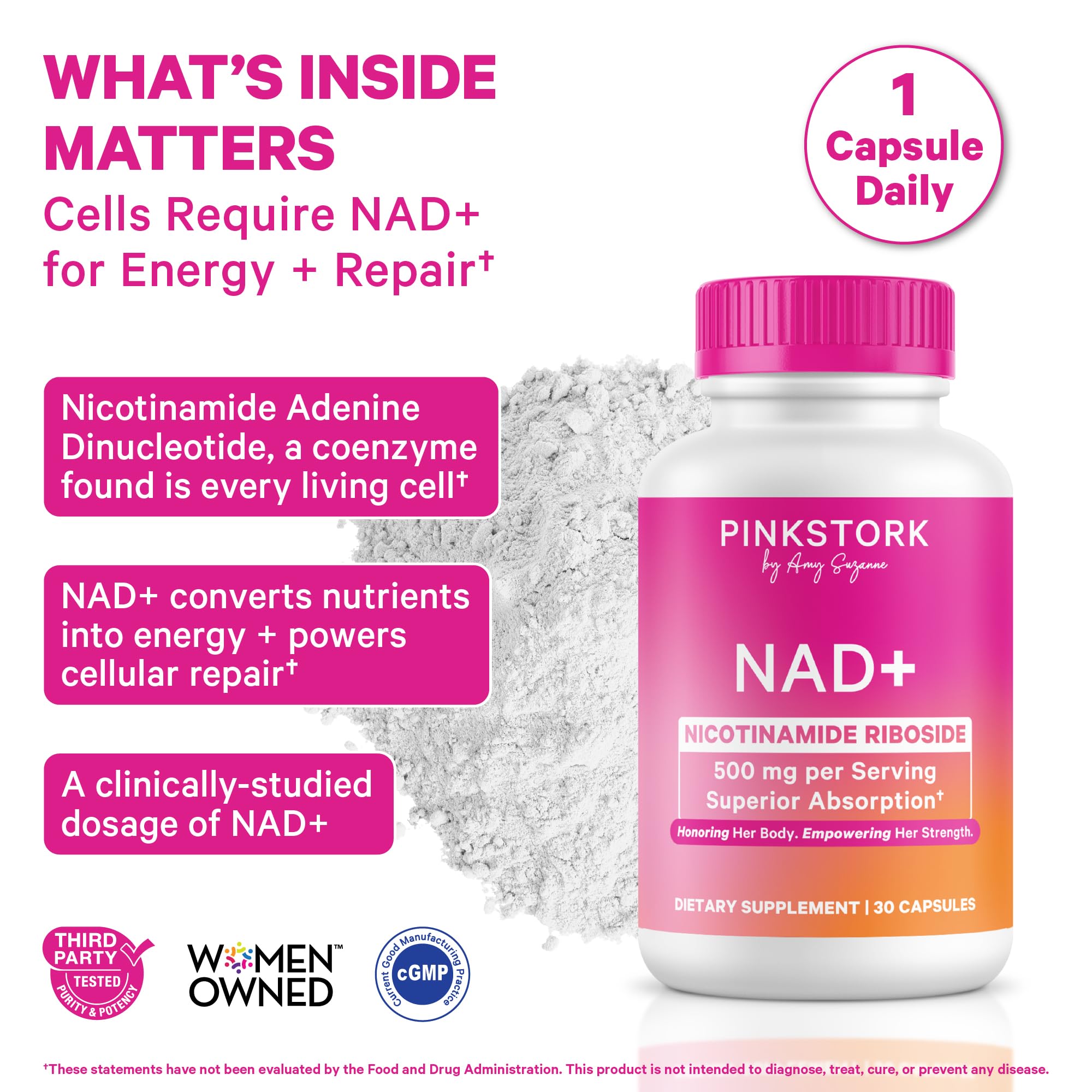 Pink Stork NAD+ Supplement for Women | 500mg Nicotinamide Riboside NR | Clinically-Studied Pure NMN Powder | Brain + Cognitive Support |Energy, Skin Essentials Over 30 | 1 Month Supply Pink Stork Au supplements