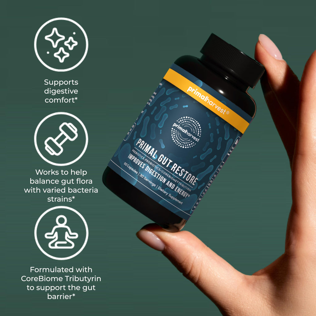 Primal Harvest Restore for Gut Health, Primal Gut Restore w/POSTbiotics, PREbiotics and PRObiotics for Women and Men, 60 CT - Digestion, Colon Cleanse,