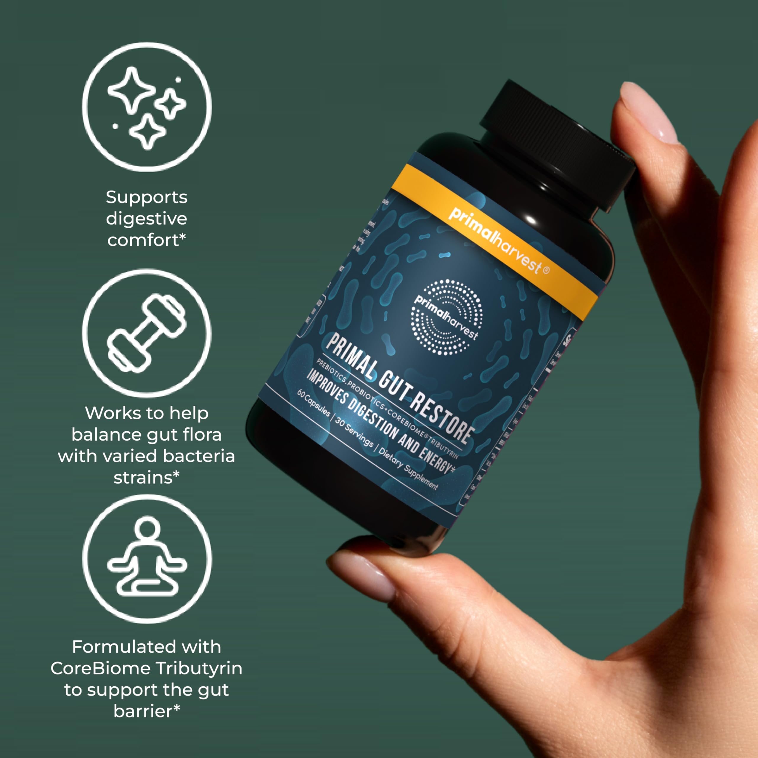 Primal Harvest Restore for Gut Health, Primal Gut Restore w/POSTbiotics, PREbiotics and PRObiotics for Women and Men, 60 CT - Digestion, Colon Cleanse,