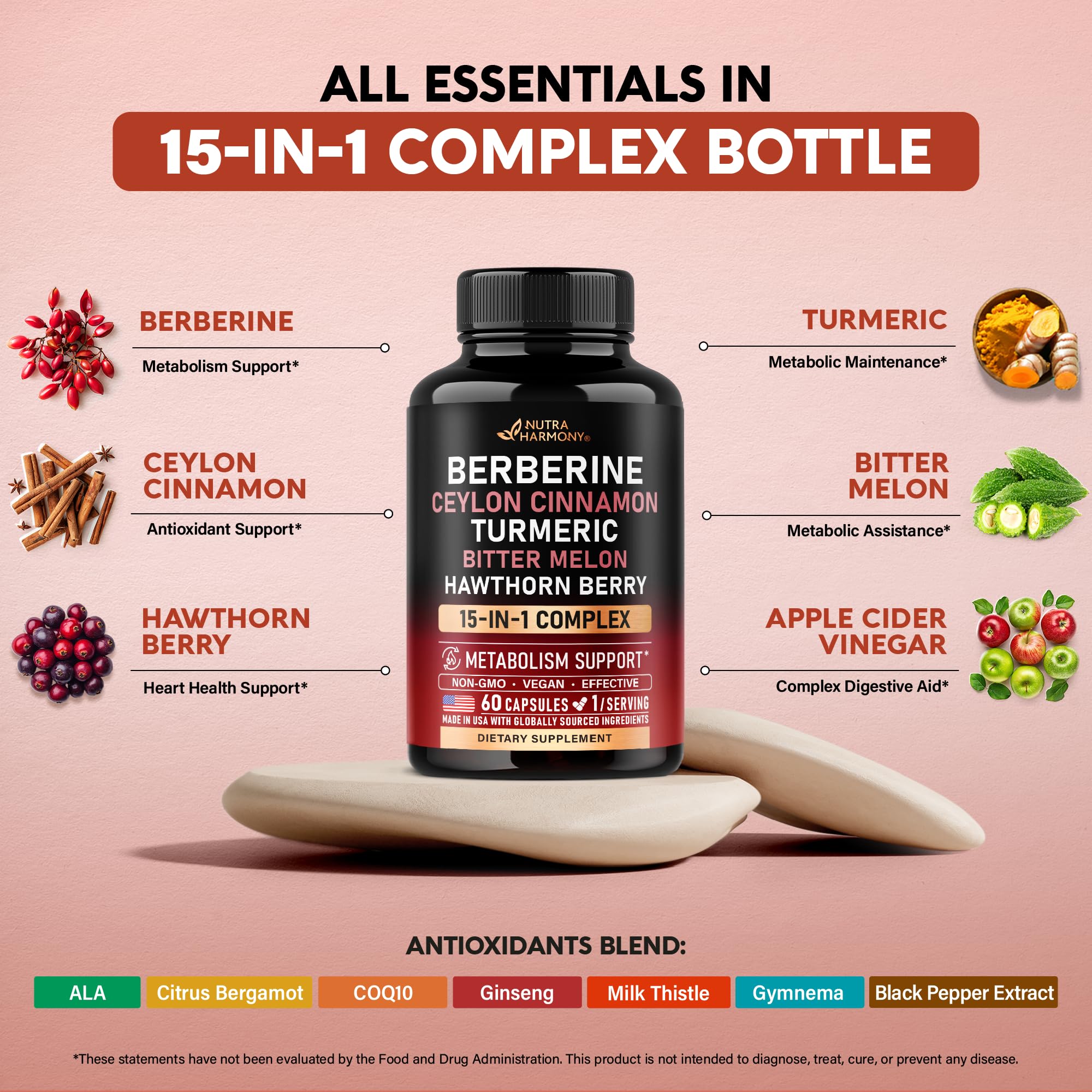 Berberine with Ceylon Cinnamon | Bitter Melon (Karela) | Apple Cider Vinegar | Hawthorn Berry | Citrus Bergamot | Turmeric - 15-in-1 Supplement for Heart Support