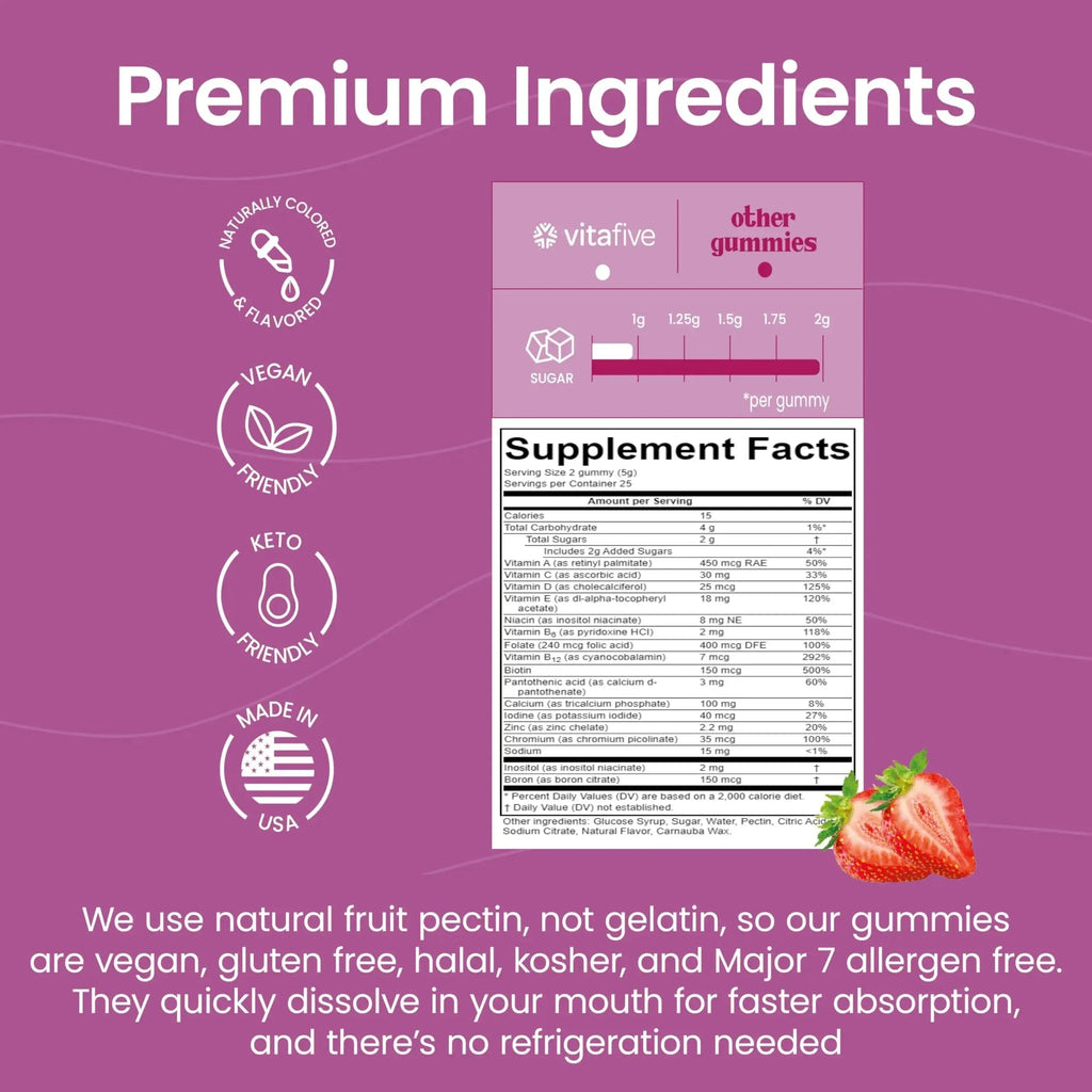 vitafive Women's Multivitamin Gummies, Best Multivitamin for Women with Biotin, D3, B12, Zinc, Low Sugar, Gluten Free (50 Ct) vitafive Au supplements