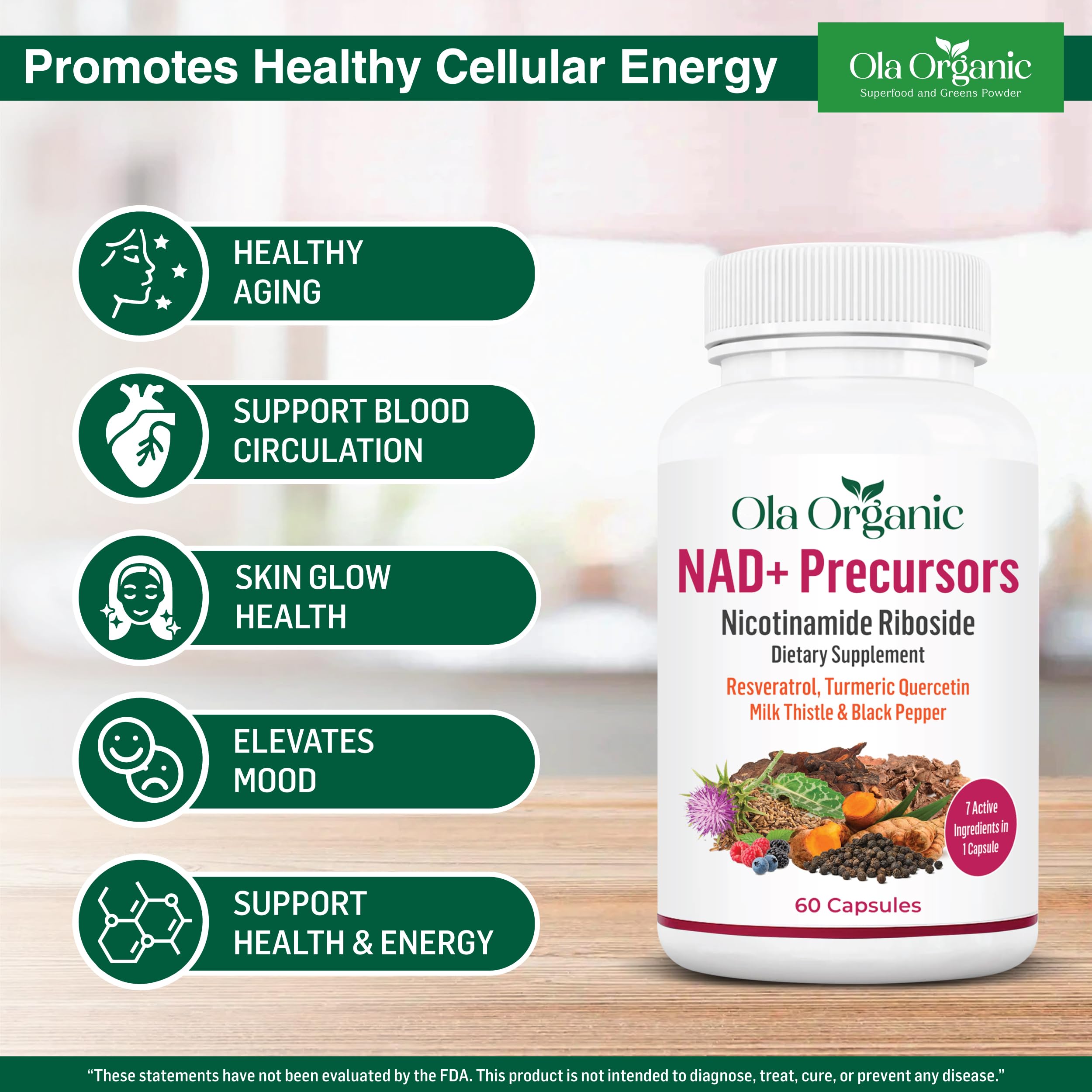 NAD+ Supplement & NAD Booster for Cellular Energy and Healthy Aging – Plant-Based Nicotinamide Riboside (NR) NAD Precursor with Resveratrol, Turmeric, Quercetin, Rhodiola & Milk Thistle – 60 Capsules Ola Organic Au supplements