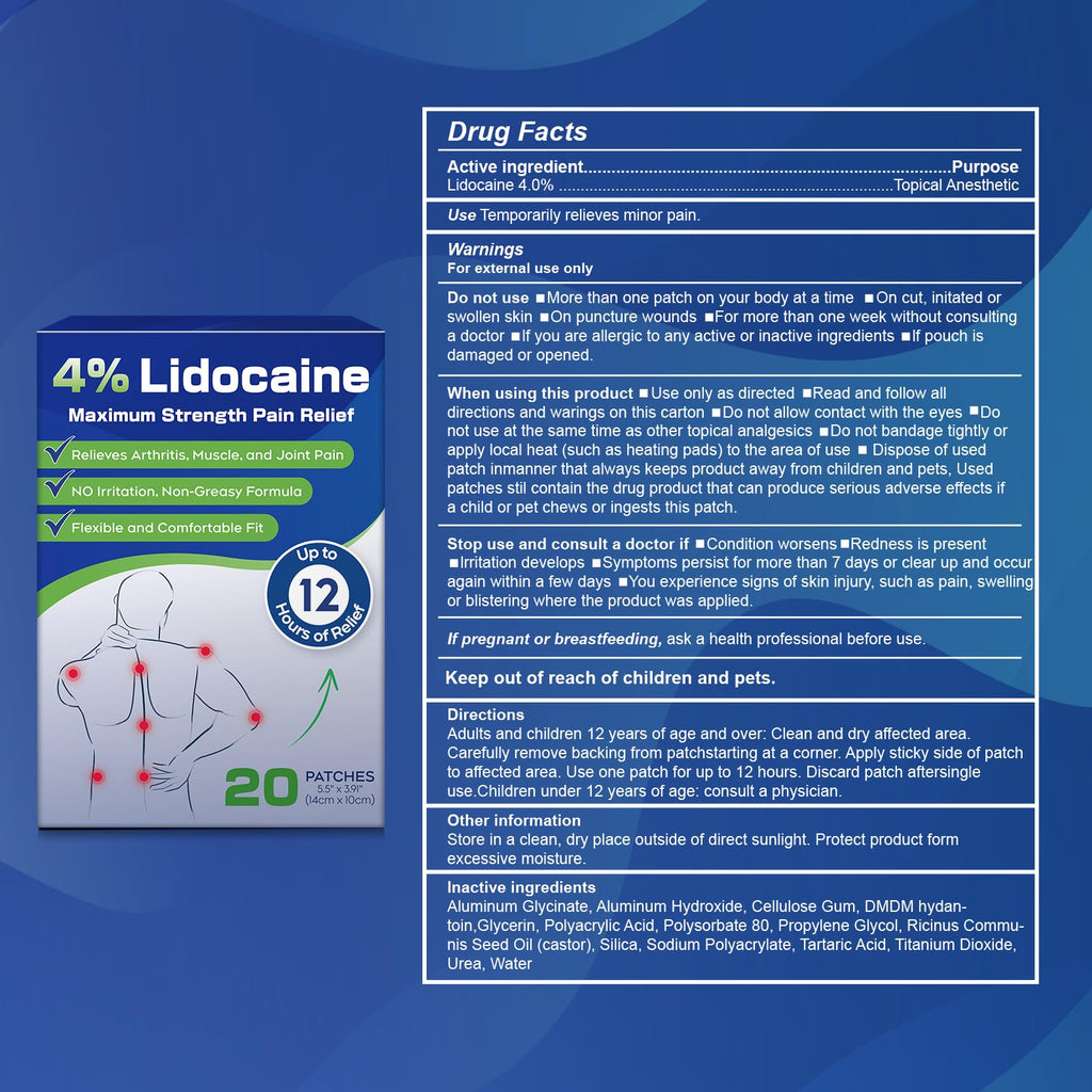 Uposiut 4% Lidocaine Patches - 20 Count Maximum Strength Lidocaine Patches, 10 Packs of 2 Patches for Muscle Pain Relief in The Neck, Shoulders, Back, Knees, and Anks, 12 Hour Pain Relief-012345 Uposiut Au supplements
