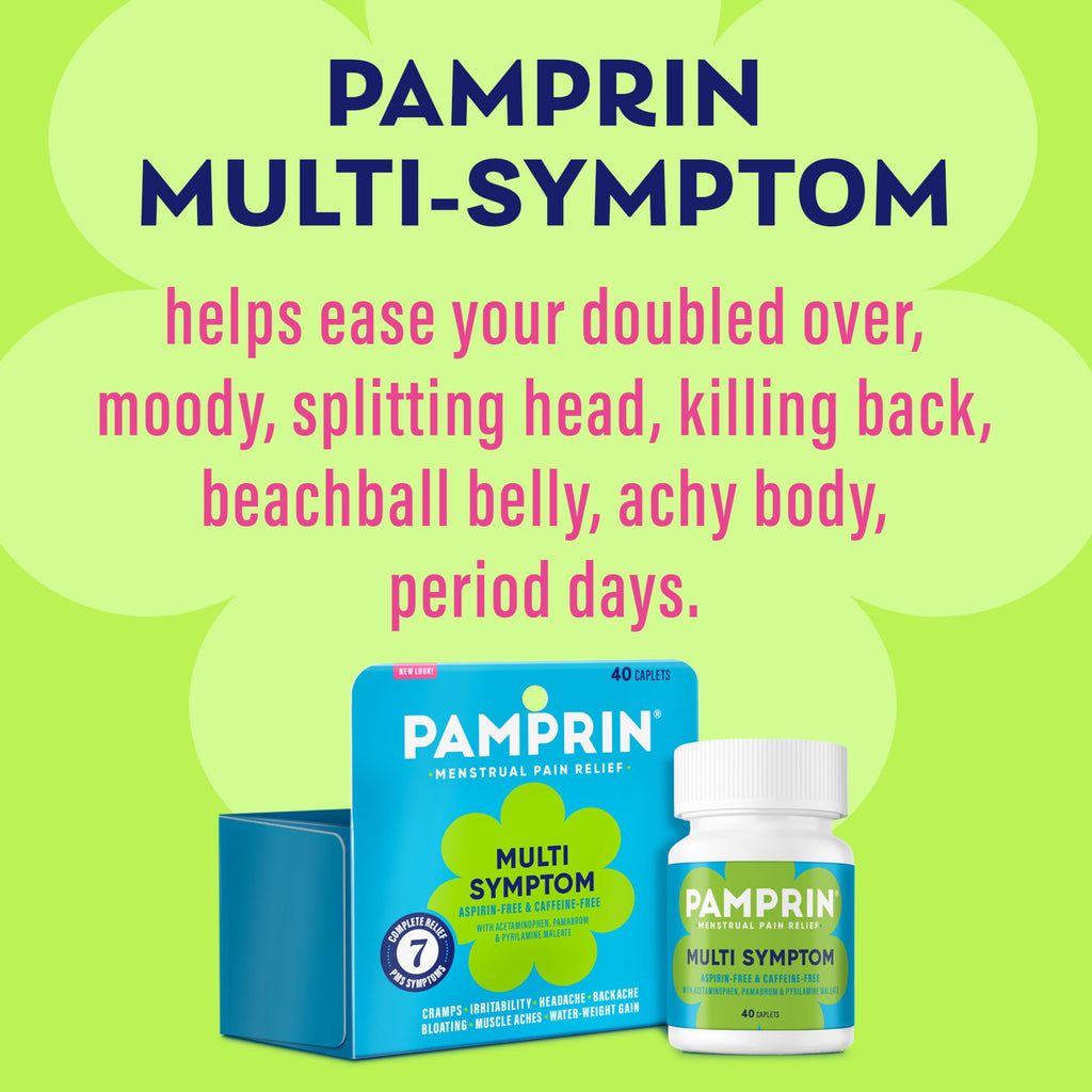 Pamprin Multi-Symptom Formula, with Acetaminophen, Menstrual Period Symptoms Relief including Cramps, Pain, Bloating, and Irritability 40 Caplets Pamprin Au supplements