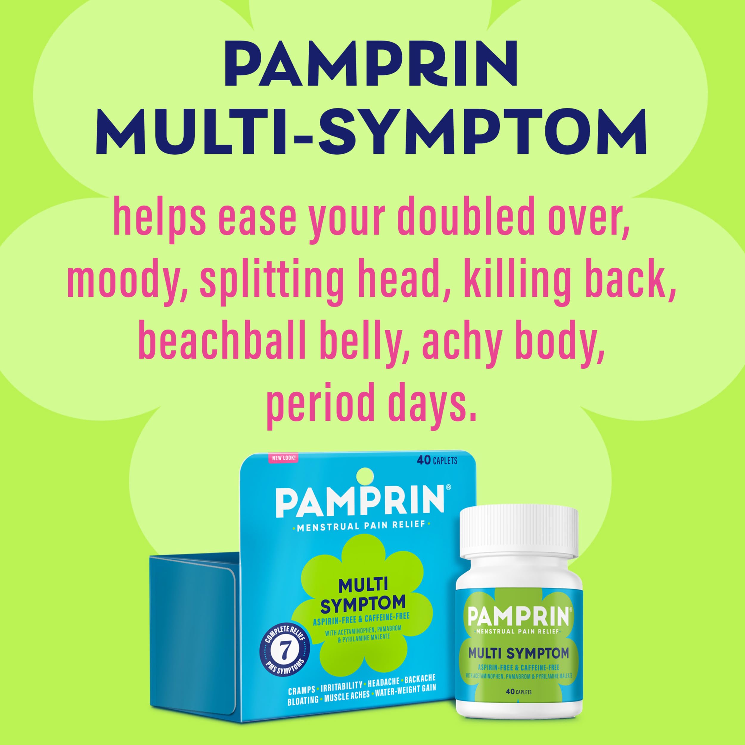 Pamprin Multi-Symptom Formula, with Acetaminophen, Menstrual Period Symptoms Relief including Cramps, Pain, Bloating, and Irritability 40 Caplets Pamprin Au supplements