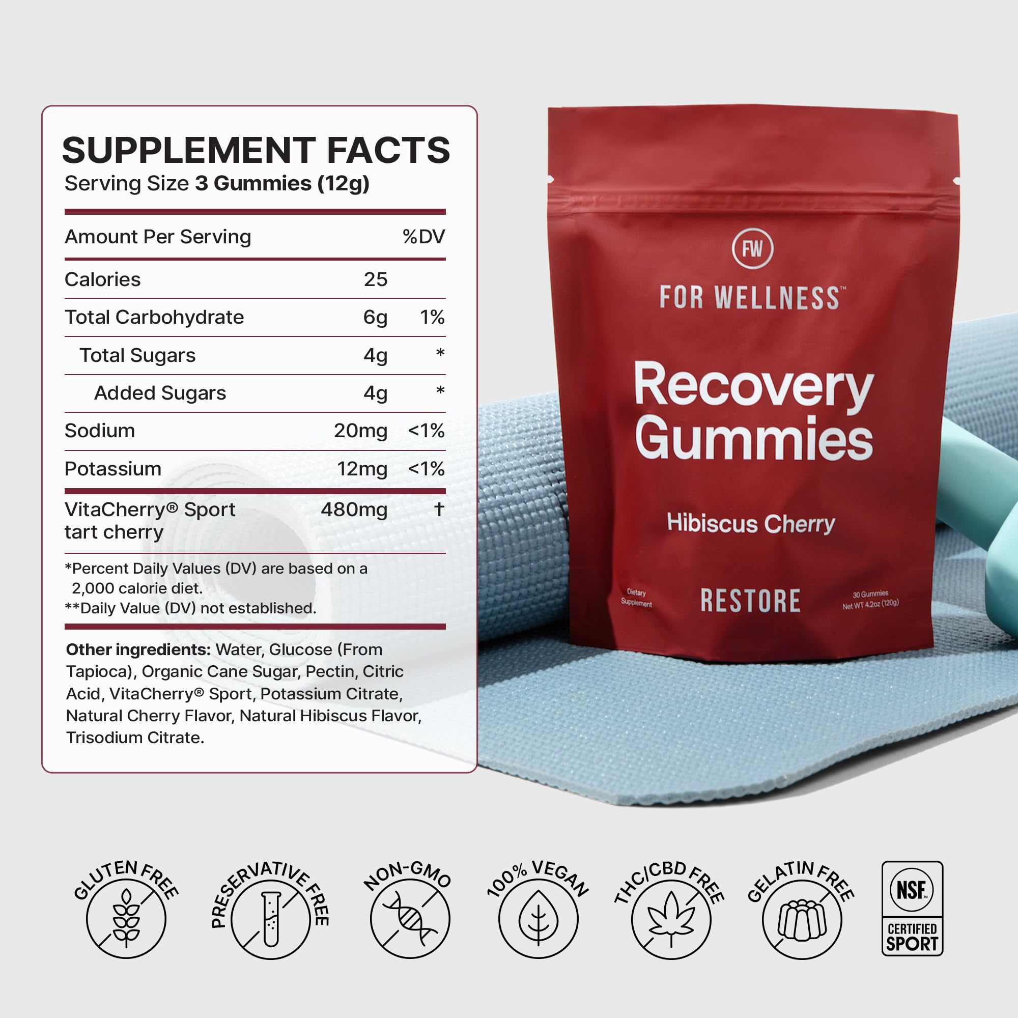 For Wellness Recovery Gummies Restore | Tart Cherry Energy Supplements with Electrolytes for Muscle Soreness, Post-Workout Performance & Recovery