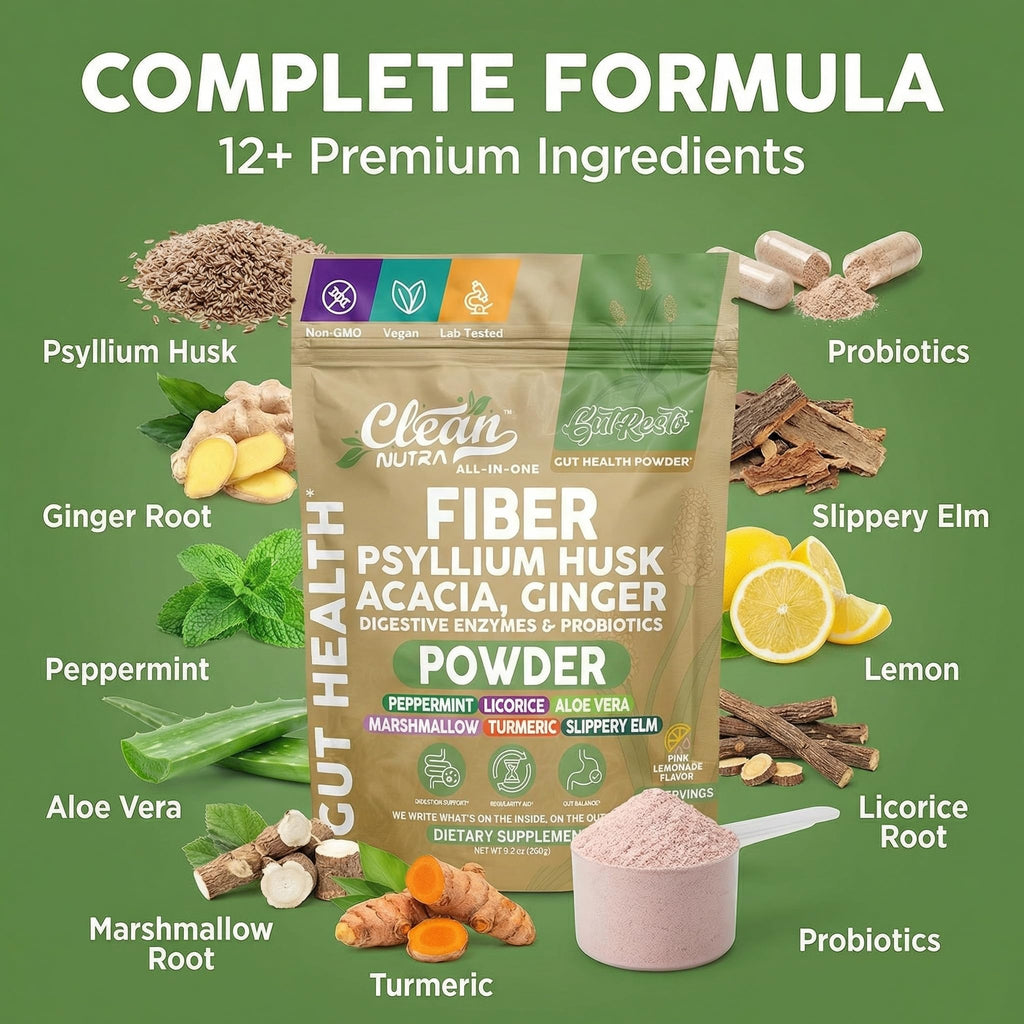 GutResto Fiber Supplement Psyllium Husk Powder Probiotic Gut Health Digestive Enzymes Prebiotic L-Glutamine Slippery Elm Aloe Vera Marshmallow Root Turmeric Ginger