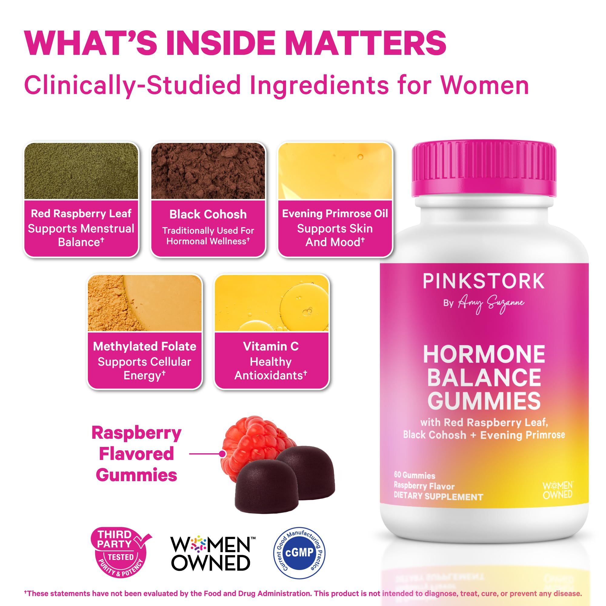 Pink Stork Hormone Balance Gummies for Women – PMS, Menopause & Estrogen Support – Mood, Bloating, Hot Flashes & Energy – Red Raspberry Leaf, Black Cohosh, Primrose – 60 Vegan Gummies Pink Stork Au supplements