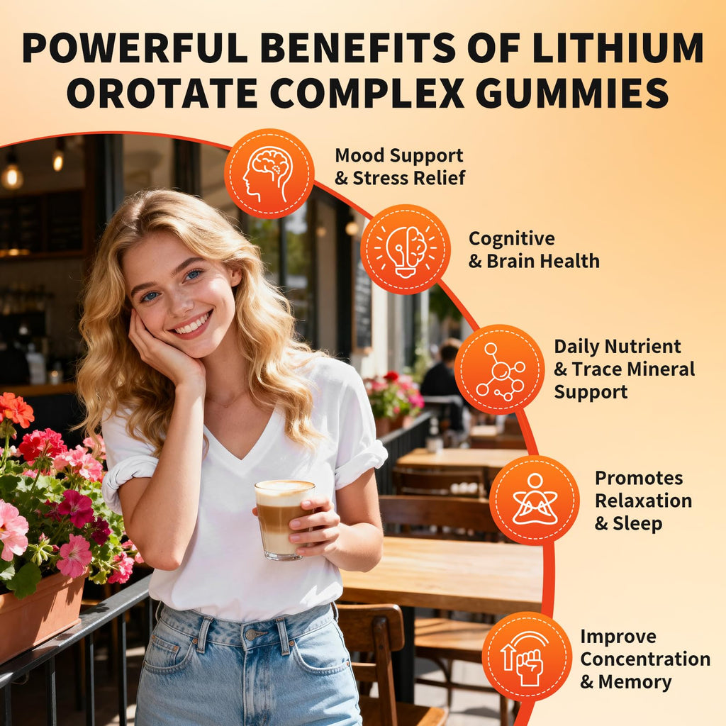 Lithium Orotate 5mg 10mg Gummies Lithium Supplements with Vitamin B, Magnesium & Selenium for Mood Support, Stress Relief, Brain Health, Non-GMO, Vegan, Gluten Free