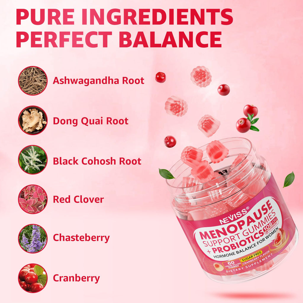 Sugar Free Menopause Supplement Gummies for Women, Menopause Probiotics (10 Billion CFU) Filled Gummy with Ashwagandha, Dong Quai & Black Cohosh for Hot Flashes, Night Sweats, Mood Swings, Gut Health NEVISS Au supplements