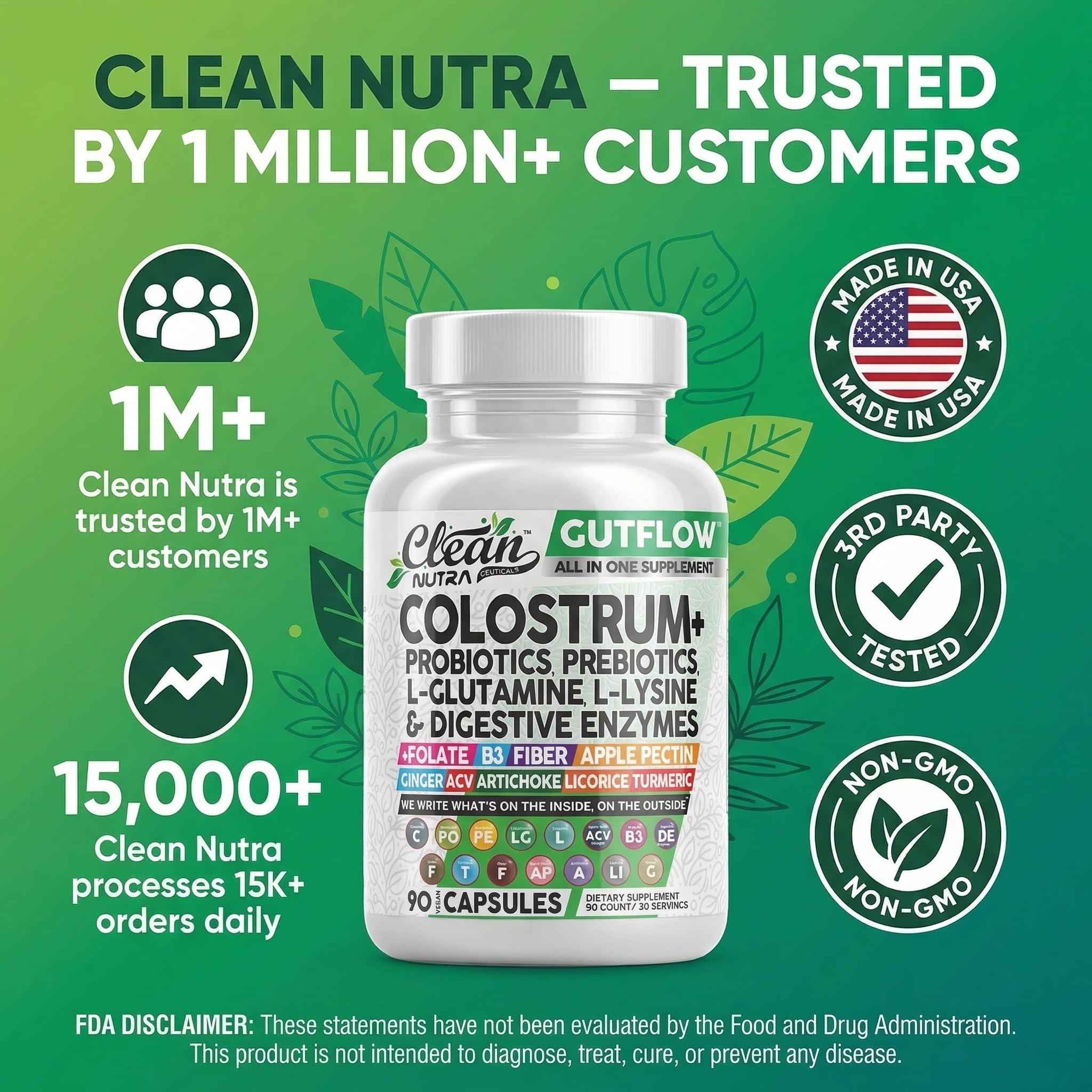 Clean Nutraceuticals Colostrum Supplement Capsules Probiotics Pills Prebiotics, L-Glutamine, Digestive Enzymes, Folate, Fiber, ACV, Turmeric, Apple Pectin and Turmeric Pills