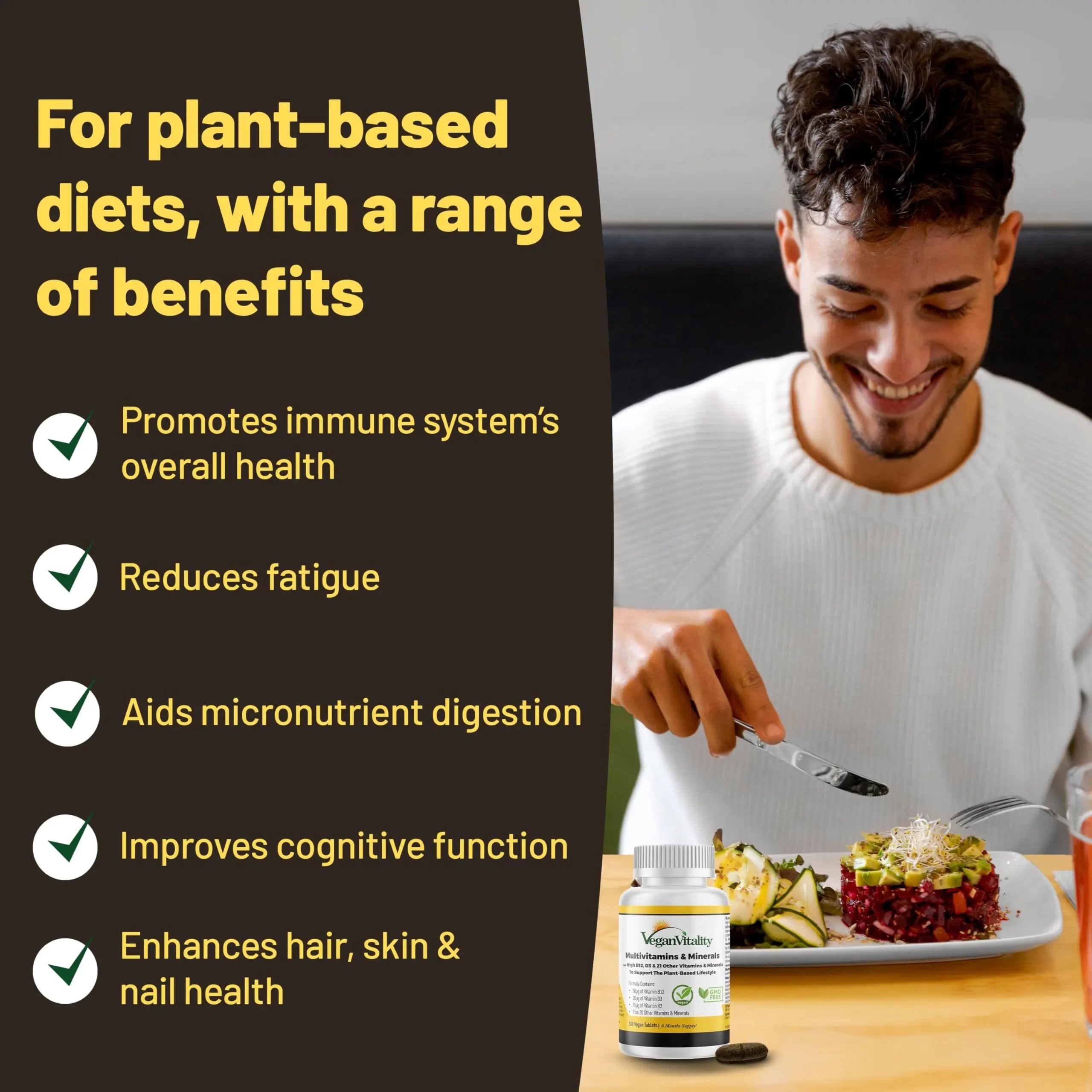 Vegan Vitality Multivitamins & Minerals for Women and Men with High Strength Vitamin B12, D3 & K2. 180 Vegan Multivitamin Tablets - 6 Months Supply Vegan Vitality Au supplements