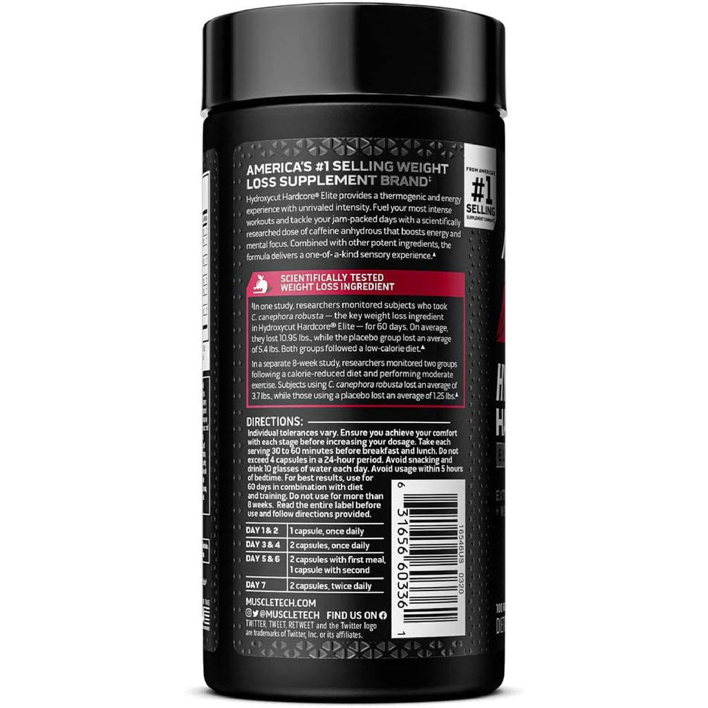 Hydroxycut Hardcore Elite - 100 Rapid-Release Thermo Caps - Energy & Focus - for Men & Women - 50 Servings (Pack of 2)