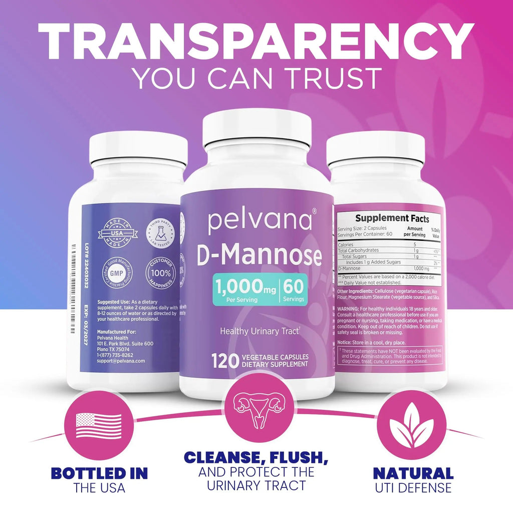Pelvana D-Mannose UTI Kit for Women – UTI Test Strips & D-Mannose Supplement, At-Home Testing, Maintains Healthy Urinary Tract Balance, Flushes Impurities – 3 Bottles (120 Capsules) + 50 Test Strips Pelvana Au supplements