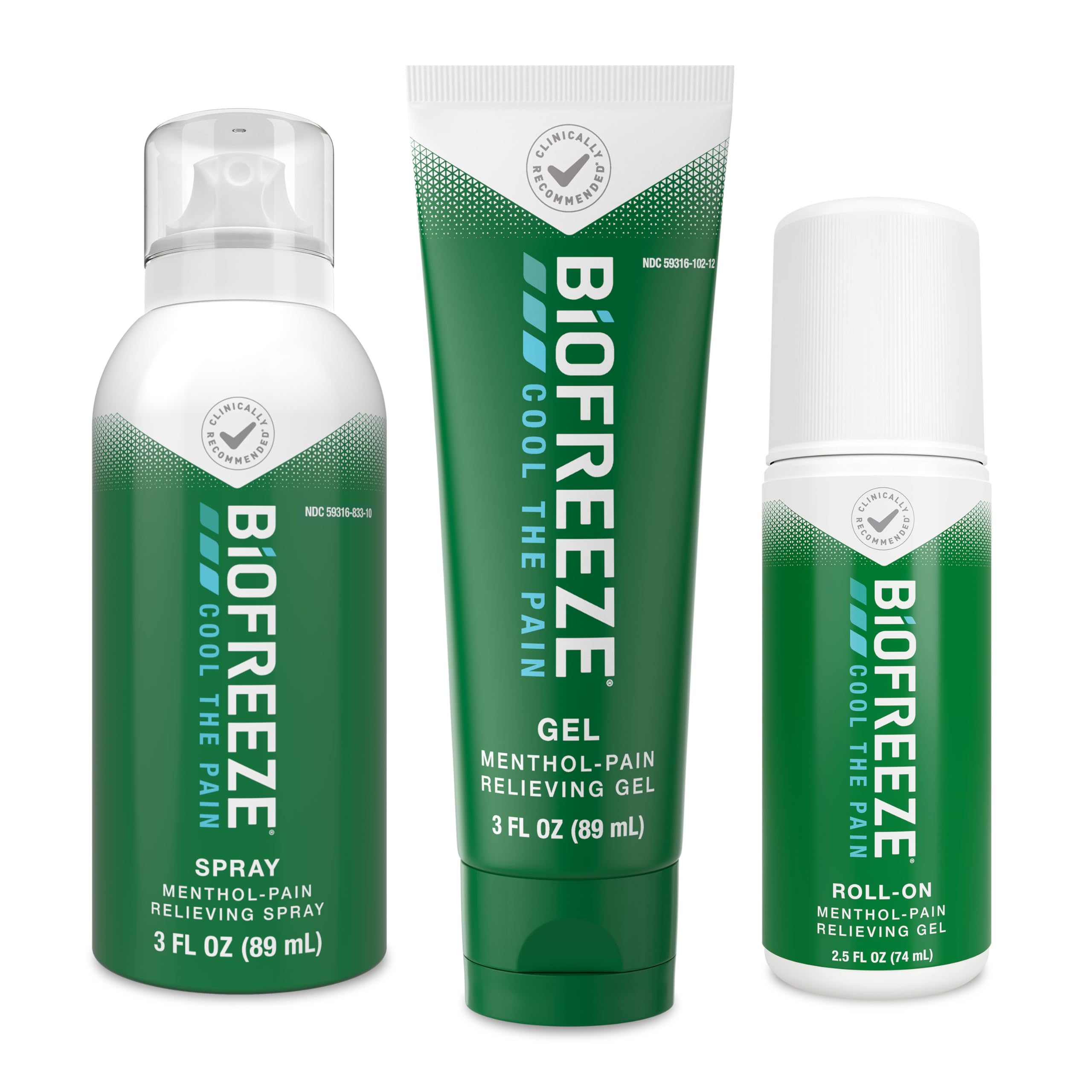 Biofreeze Spray, Gel, & Roll-On Pain Relief Variety Pack, Muscle Pain Relief, Arthritis Pain Reliver, Neck Pain Relief, Cooling Menthol Joint Pain Relief, 3 Fl Oz Spray, 3 Fl Oz Gel, 2.5 Fl Oz Roll On Biofreeze Au supplements