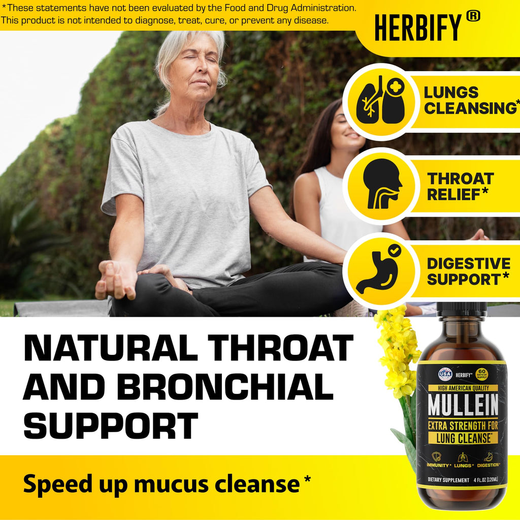 HERBIFY Mullein Drops - Lung Cleanse - Leaf Extract - Powerful Mullein for Immune Support,Detox & Respiratory Support - Made in USA