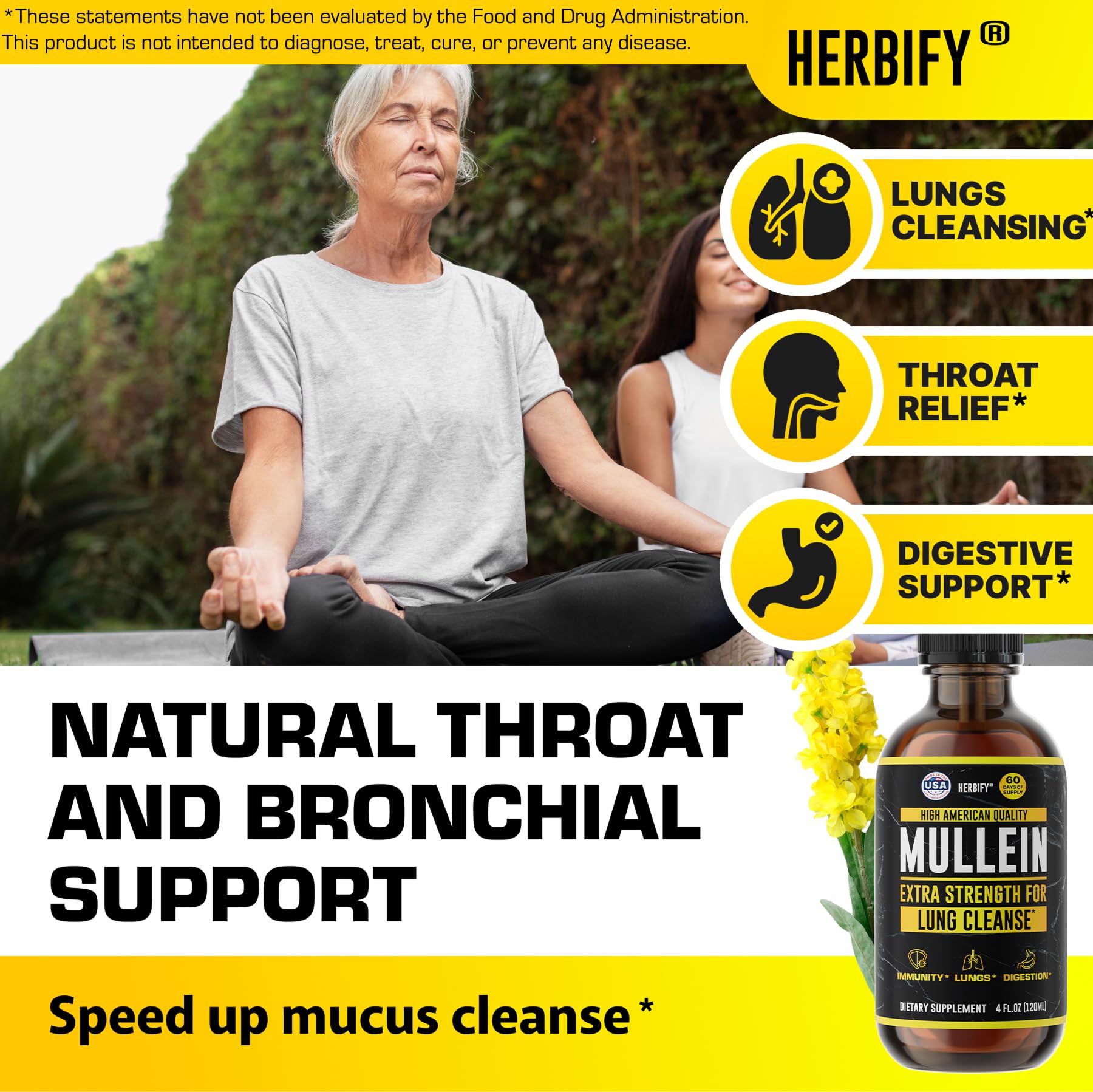 HERBIFY Mullein Drops - Lung Cleanse - Leaf Extract - Powerful Mullein for Immune Support,Detox & Respiratory Support - Made in USA