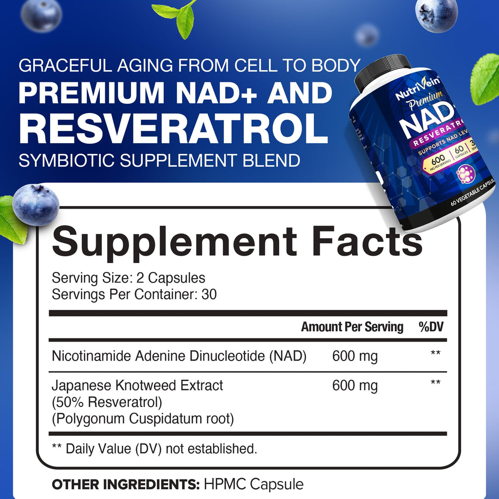 Nutrivein Premium NAD + Resveratrol Supplement 600 mg - 30 Servings (60 Capsules): Powerful Synergistic NAD Resveratrol Supplement - Aging, Cognition, Metabolism, & Overall Well-Being Nutrivein Au supplements