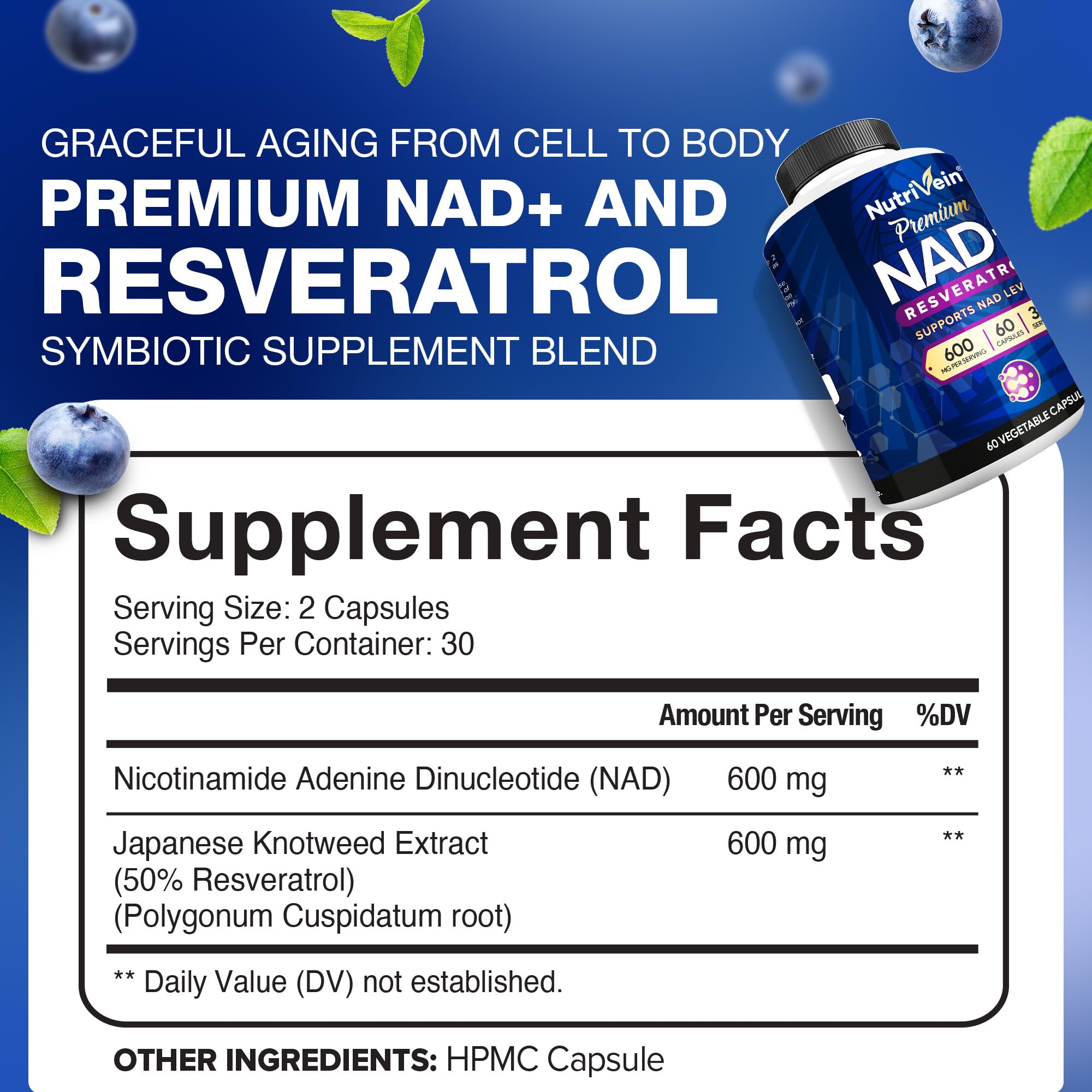 Nutrivein Premium NAD + Resveratrol Supplement 600 mg - 30 Servings (60 Capsules): Powerful Synergistic NAD Resveratrol Supplement - Aging, Cognition, Metabolism, & Overall Well-Being Nutrivein Au supplements