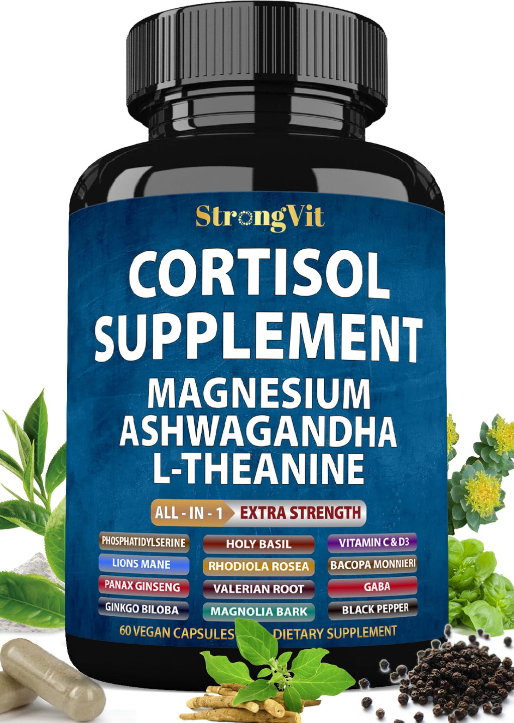 StrongVit Cortisol Supplements for Women and Men with Magnesium, Ashwagandha & L-Theanine. High Cortisol Reducer, Manager, Detox,