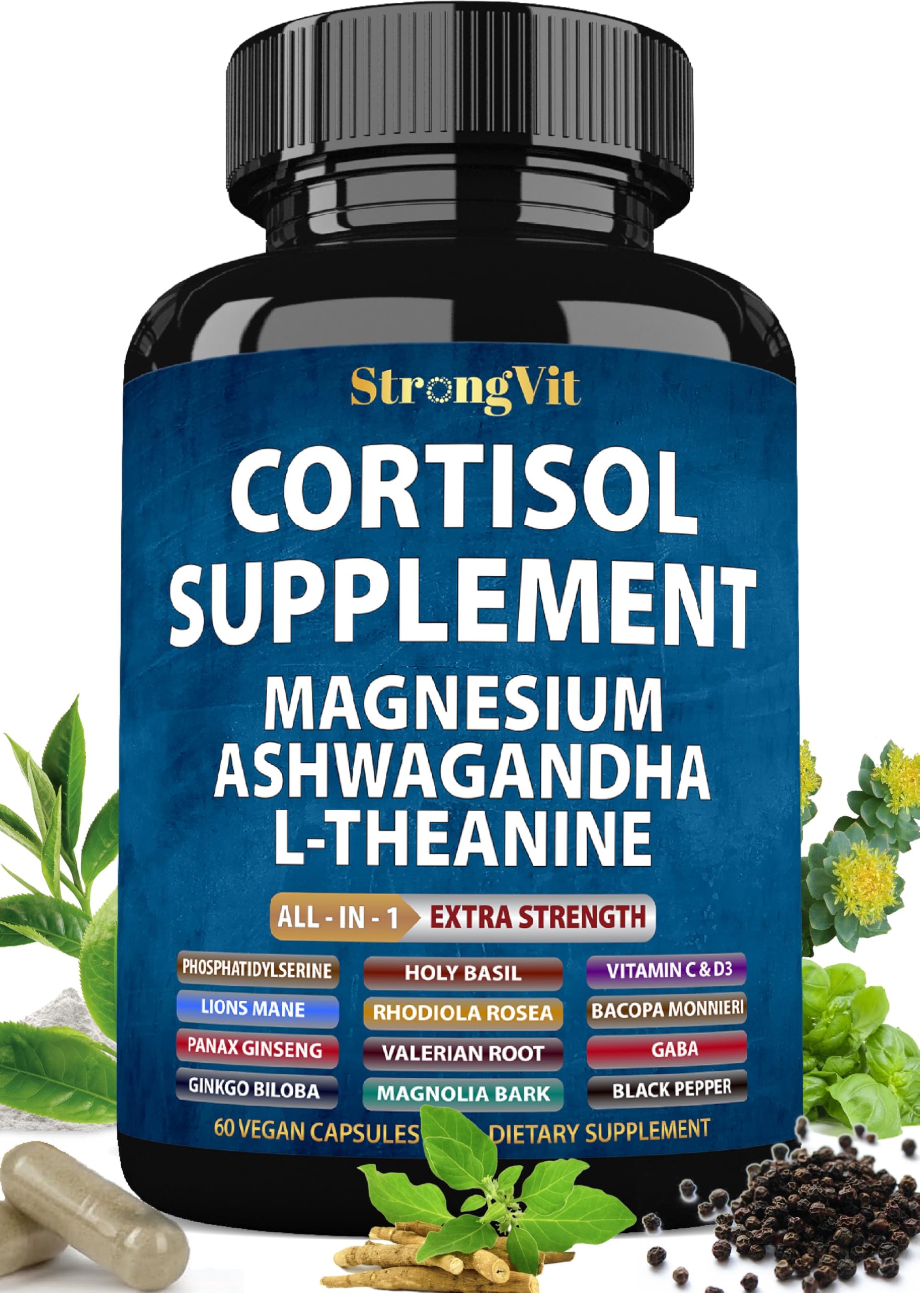 StrongVit Cortisol Supplements for Women and Men with Magnesium, Ashwagandha & L-Theanine. High Cortisol Reducer, Manager, Detox,