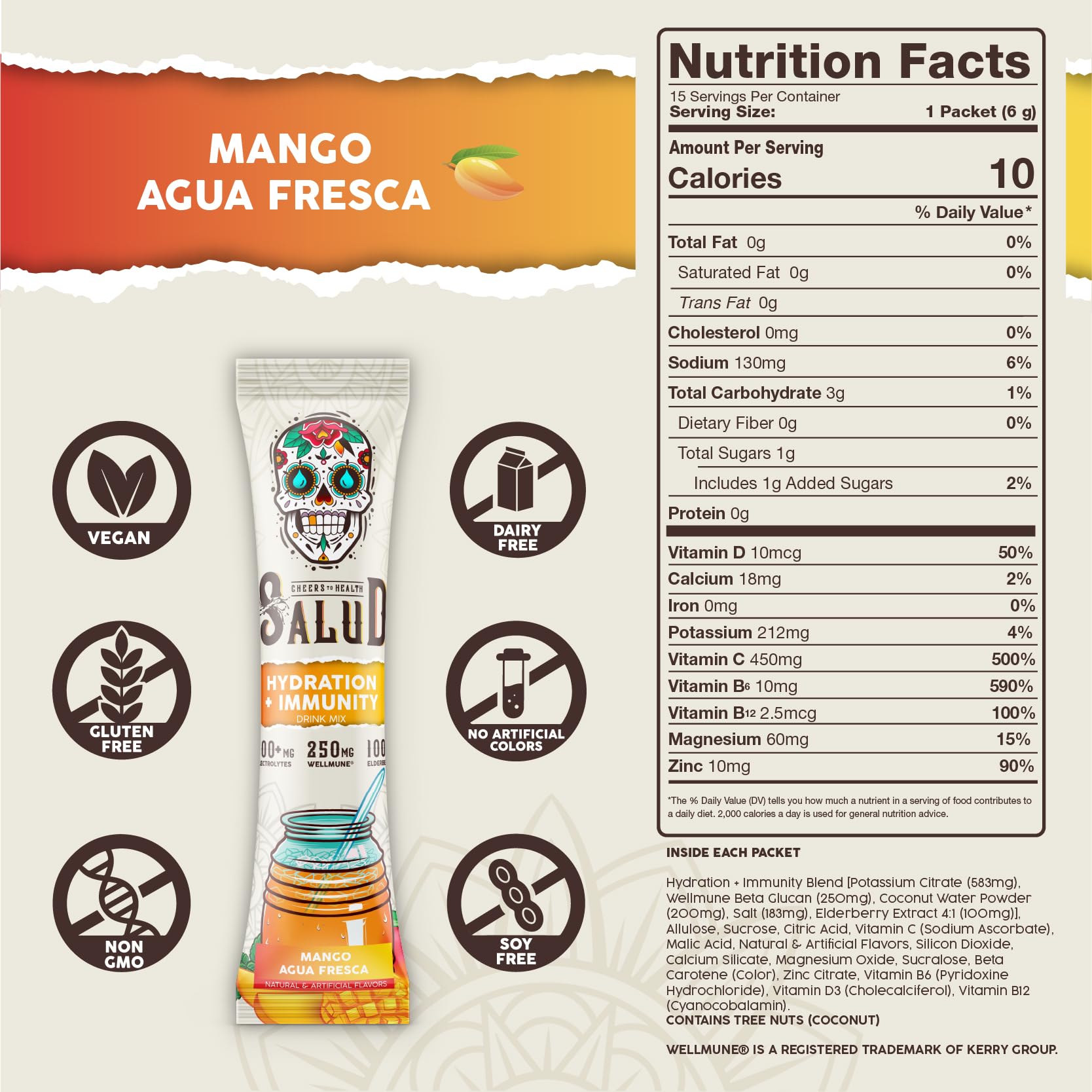 Salud 2-in-1 Hydration Packets + Immunity Electrolytes Powder, Mango - Agua Fresca Drink Mix, Elderberry, Dairy & Soy Free, Non-GMO, Gluten Free,