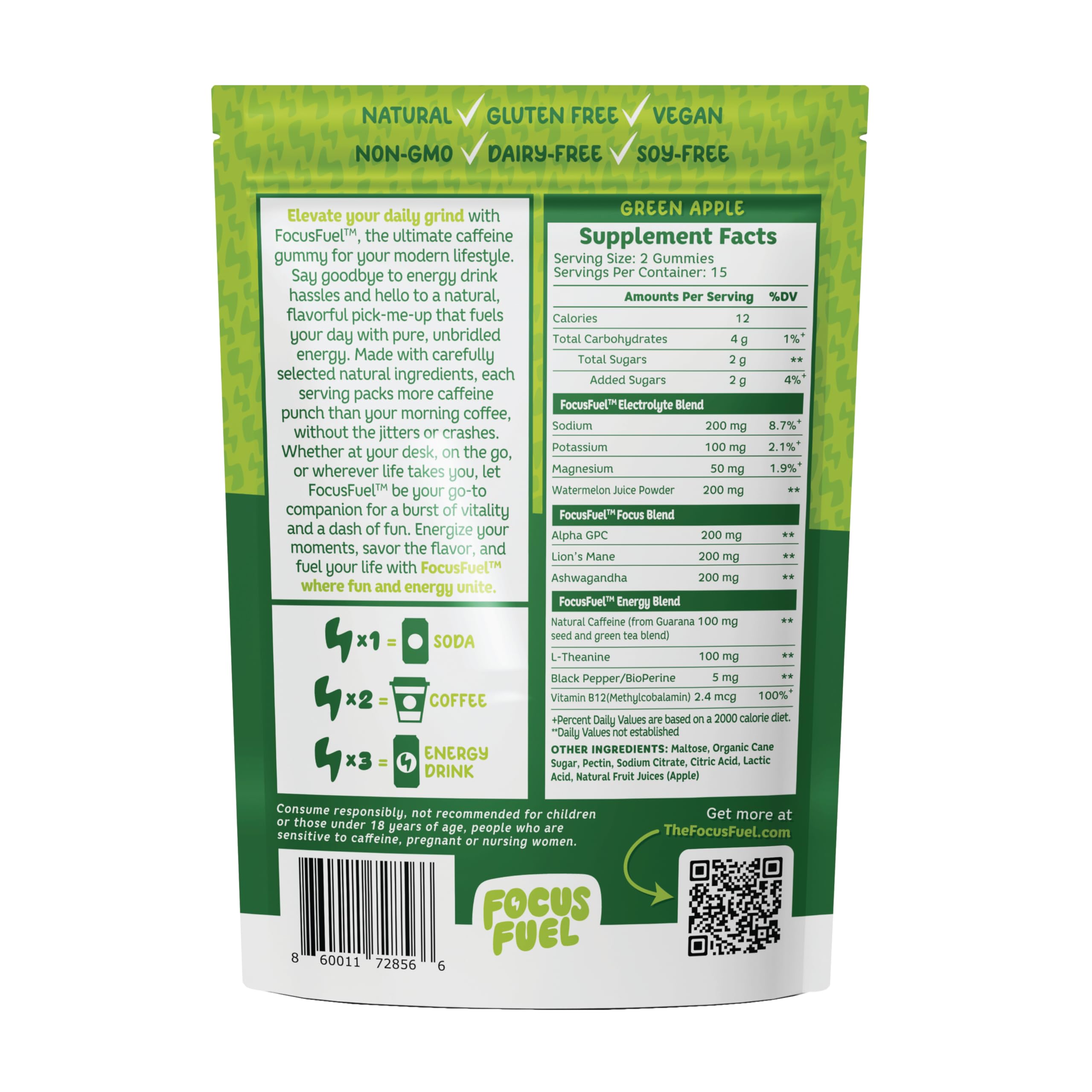 FocusFuel Energy Chews – Green Apple Flavor (15 Servings) – 100mg Caffeine + B12, Magnesium, Alpha GPC – Boost Focus & Energy – No Crash or Jitters FocusFuel Au supplements
