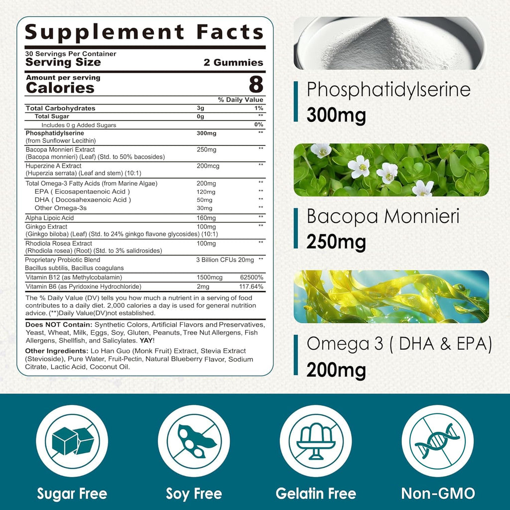Phosphatidylserine - Nootropic Brian Supplement, Focus & Energy Gummies+ Bacopa Monnieri, Omega 3, Huperzine A, Methyl B12 & B6 for Seniors, Gamers, Workers, Non-GMO, Caffeine-Free, Sugar Free, 2 Pack Nextdia Au supplements
