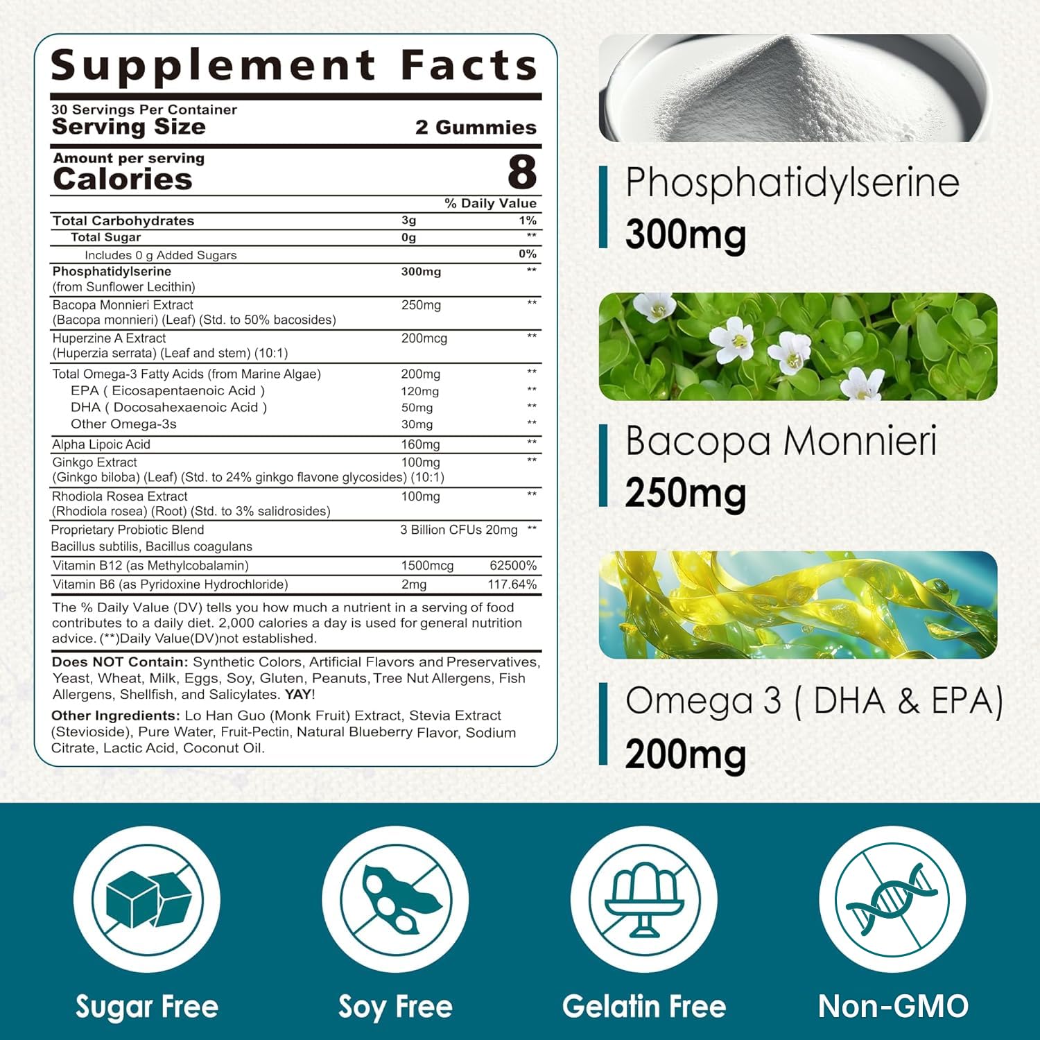 Phosphatidylserine - Nootropic Brian Supplement, Focus & Energy Gummies+ Bacopa Monnieri, Omega 3, Huperzine A, Methyl B12 & B6 for Seniors, Gamers, Workers, Non-GMO, Caffeine-Free, Sugar Free, 2 Pack Nextdia Au supplements