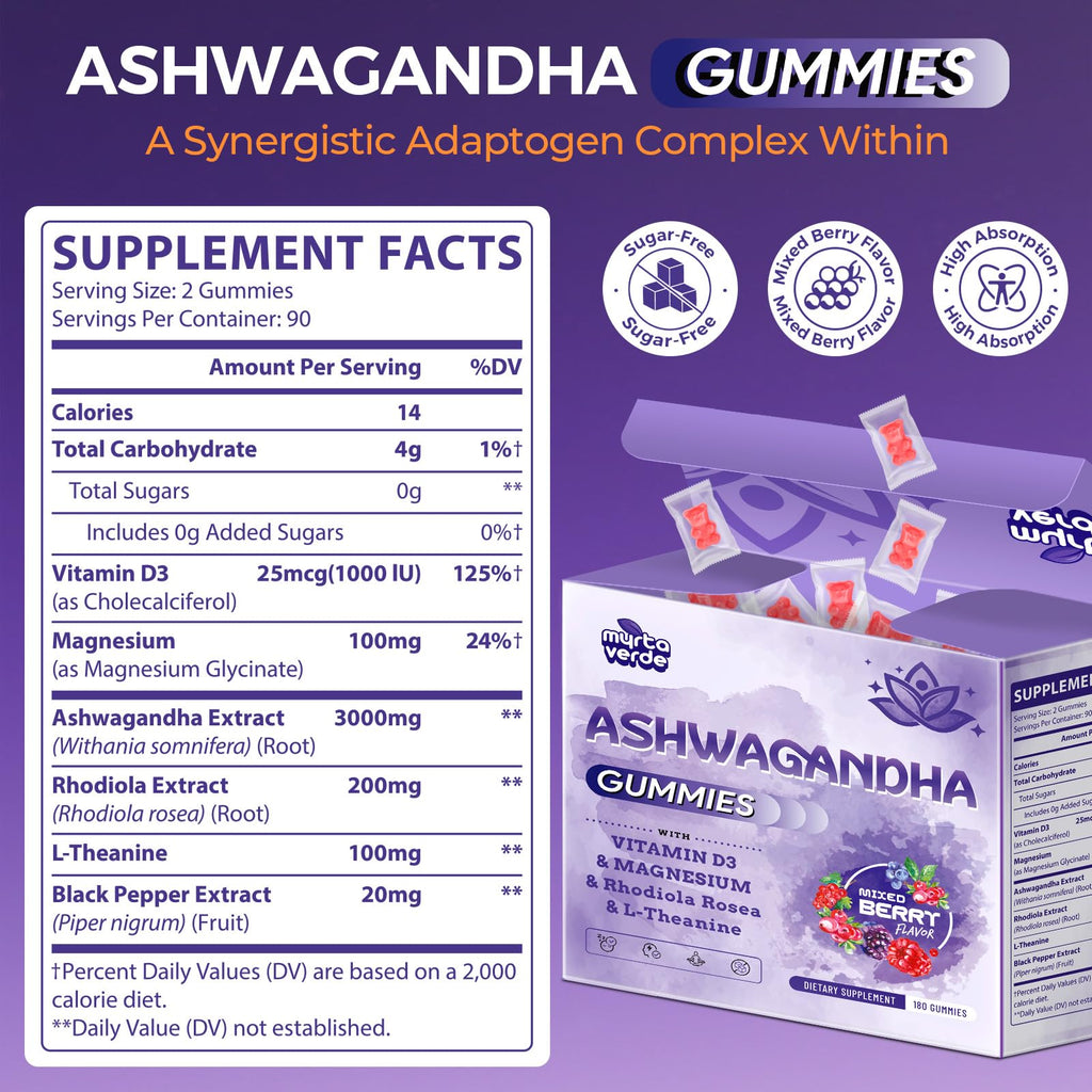 3000mg Ashwagandha Gummies for Women & Men, 180 Count | Extra Strength Ashwagandha Supplement for Stress, Relaxation & Immune Support | Magnesium, Rhodiola, L-Theanine, D3 | Sugar Free Mixed Berry Myrtaverde Au supplements