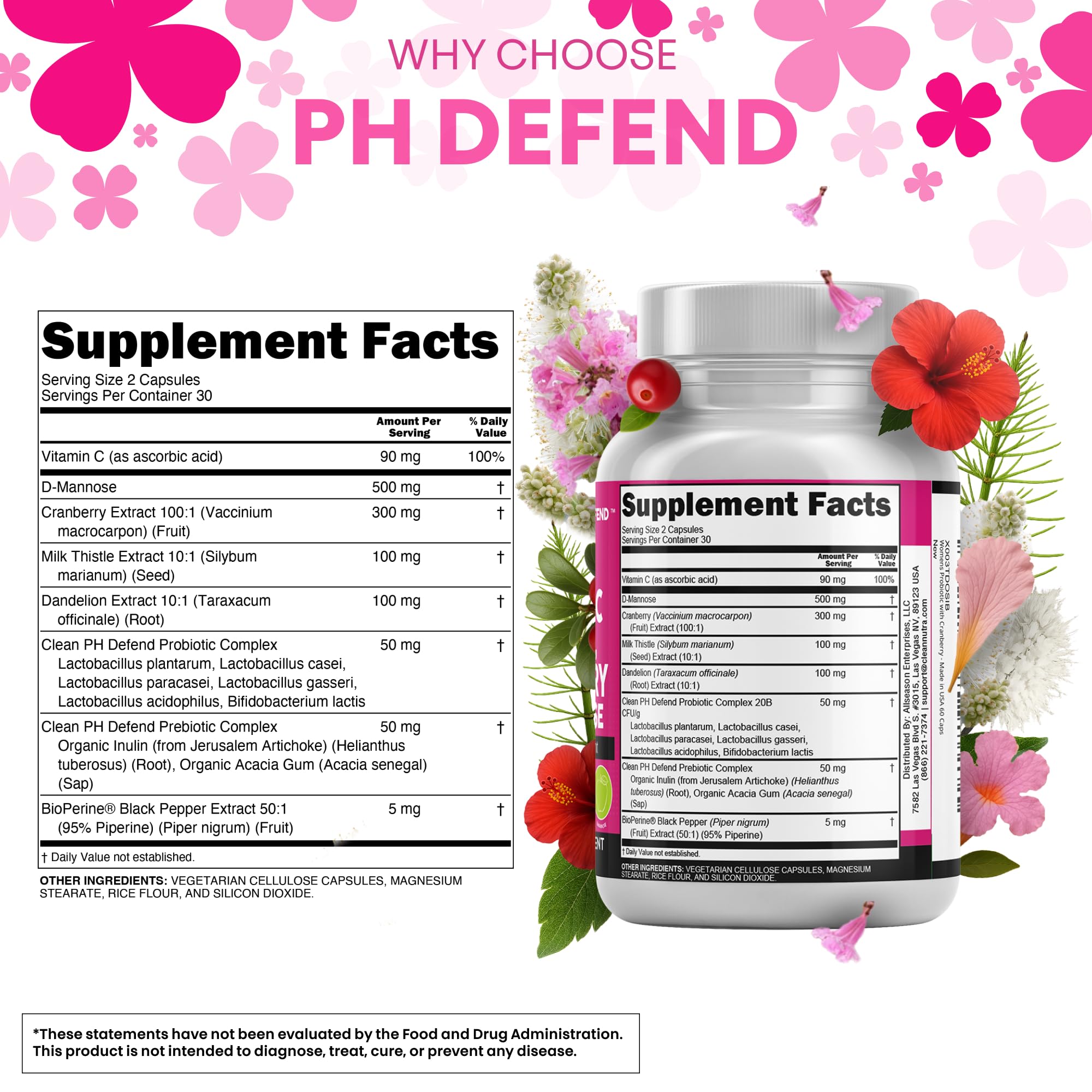 Clean Nutraceuticals Vaginal Probiotics for Women with Cranberry, D-Mannose, Prebiotics, pH Balance Support, Feminine Health, Urinary Tract Cleanse
