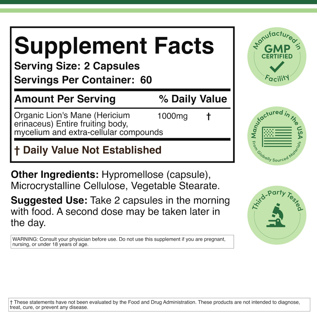 Organic Lions Mane Mushroom Capsules (120 Count), for Focus Support and Immune Health, Third Party Tested and Grown in The USA - by Double Wood Double Wood Supplements Au supplements