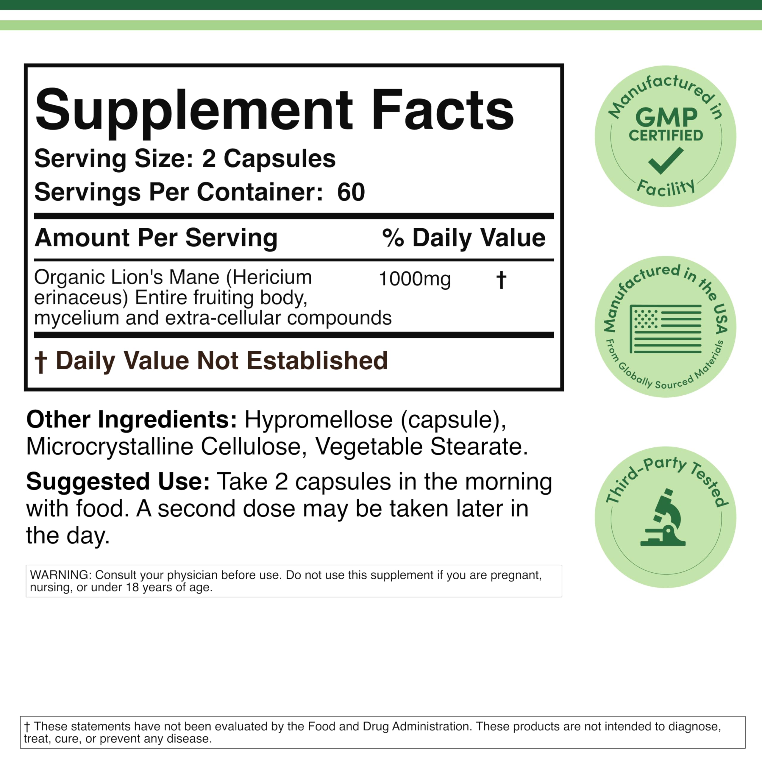 Organic Lions Mane Mushroom Capsules (120 Count), for Focus Support and Immune Health, Third Party Tested and Grown in The USA - by Double Wood Double Wood Supplements Au supplements