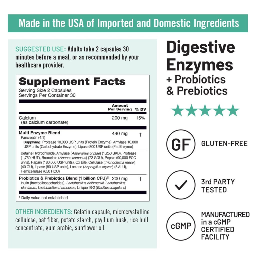NatureWise Digestive Enzymes - Multi Enzymes with Probiotics + Prebiotics - Post Mealtime Comfort & Bloating Support + Aids Digestion and Gut Health - Soy-Free, Non-GMO - 60 Capsules[1-Month Supply] NatureWise Au supplements
