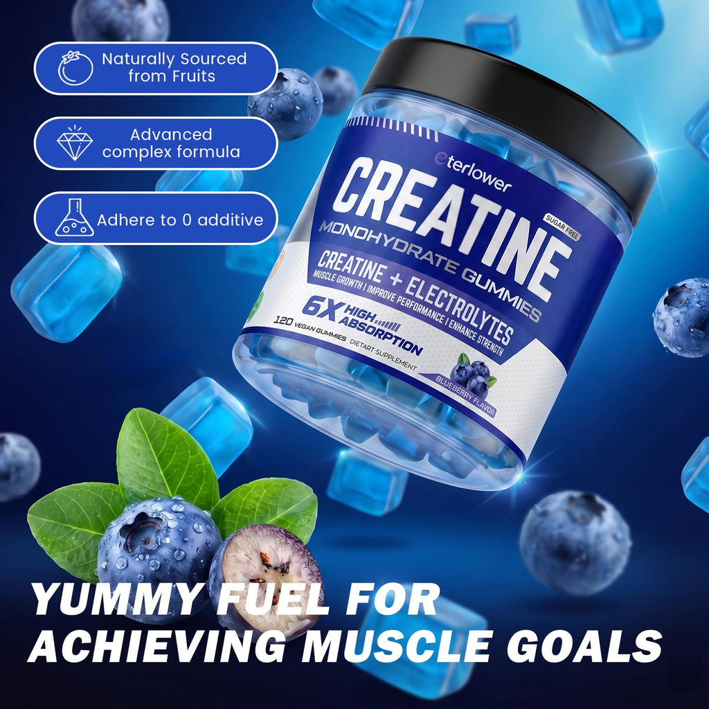 eterlower Creatine Monohydrate Gummies 5g – Pre-Workout Energy & Muscle Growth Support for Men & Women | Blueberry Electrolyte Gummies, 120 Count