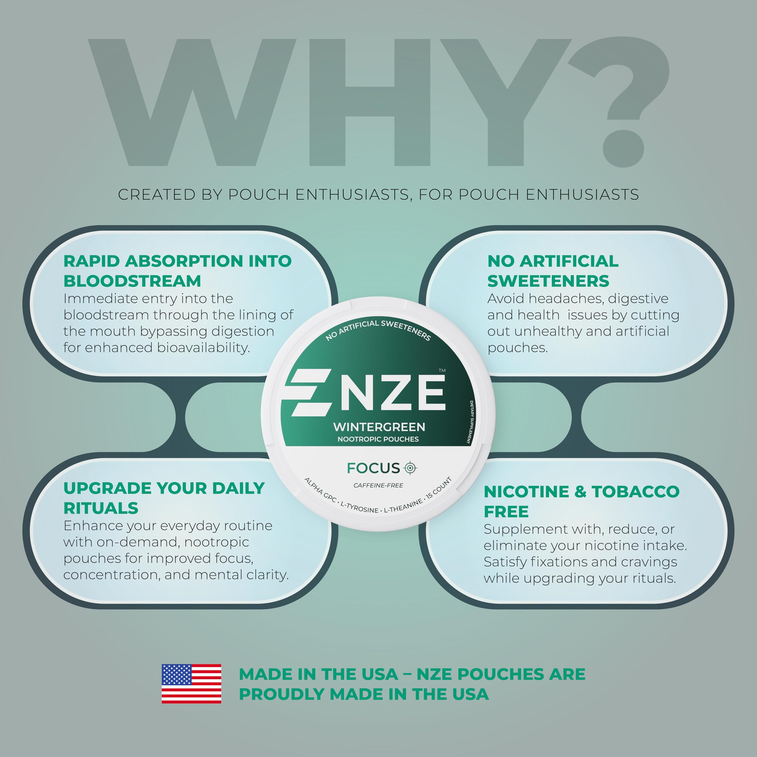 NZE Caffeine Free Nootropic Pouches (Wintergreen) - Nootropic Pouches with Alpha GPC, L-Tyrosine & L-Theanine - No Sugar or Artificial Sweeteners - 15 Pouches Per Can - 5 Pack NZE Au supplements