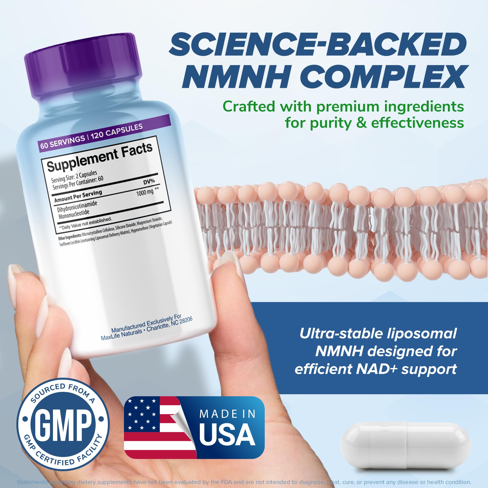 Liposomal NMNH 1000mg - 120 Capsules, Dihydronicotinamide Mononucleotide NAD+ Precursor - Ultra-Absorbable NAD Plus Complex, Liposomal NMN Supplements Capsules for Aging Support & Cellular Energy MAXLIFE NATURALS Au supplements
