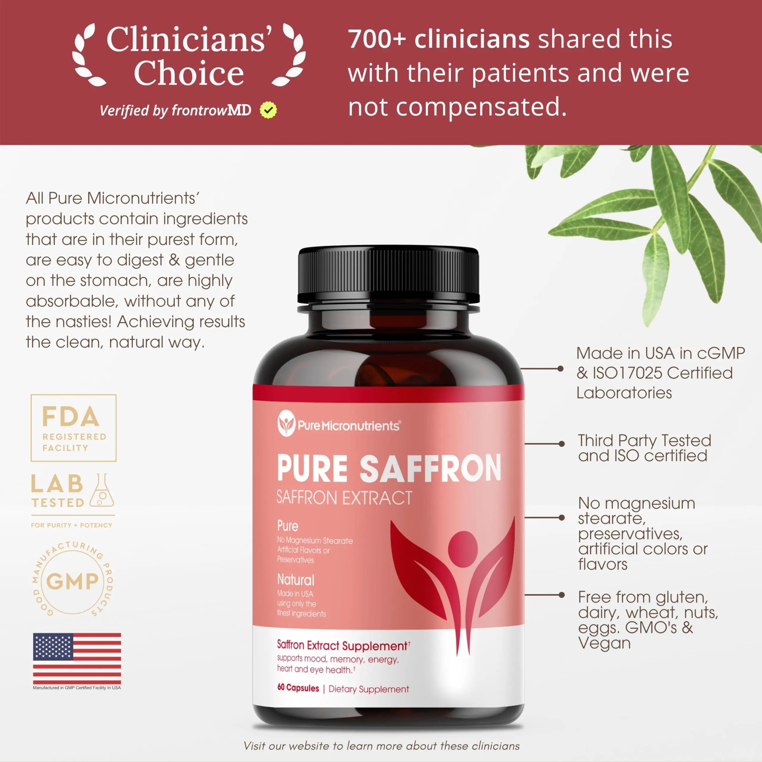 Saffron Supplements - 100% Pure Saffron Extract Capsules - Boost Energy & Mood, Support Eye & Heart Health Pure Micronutrients Au supplements