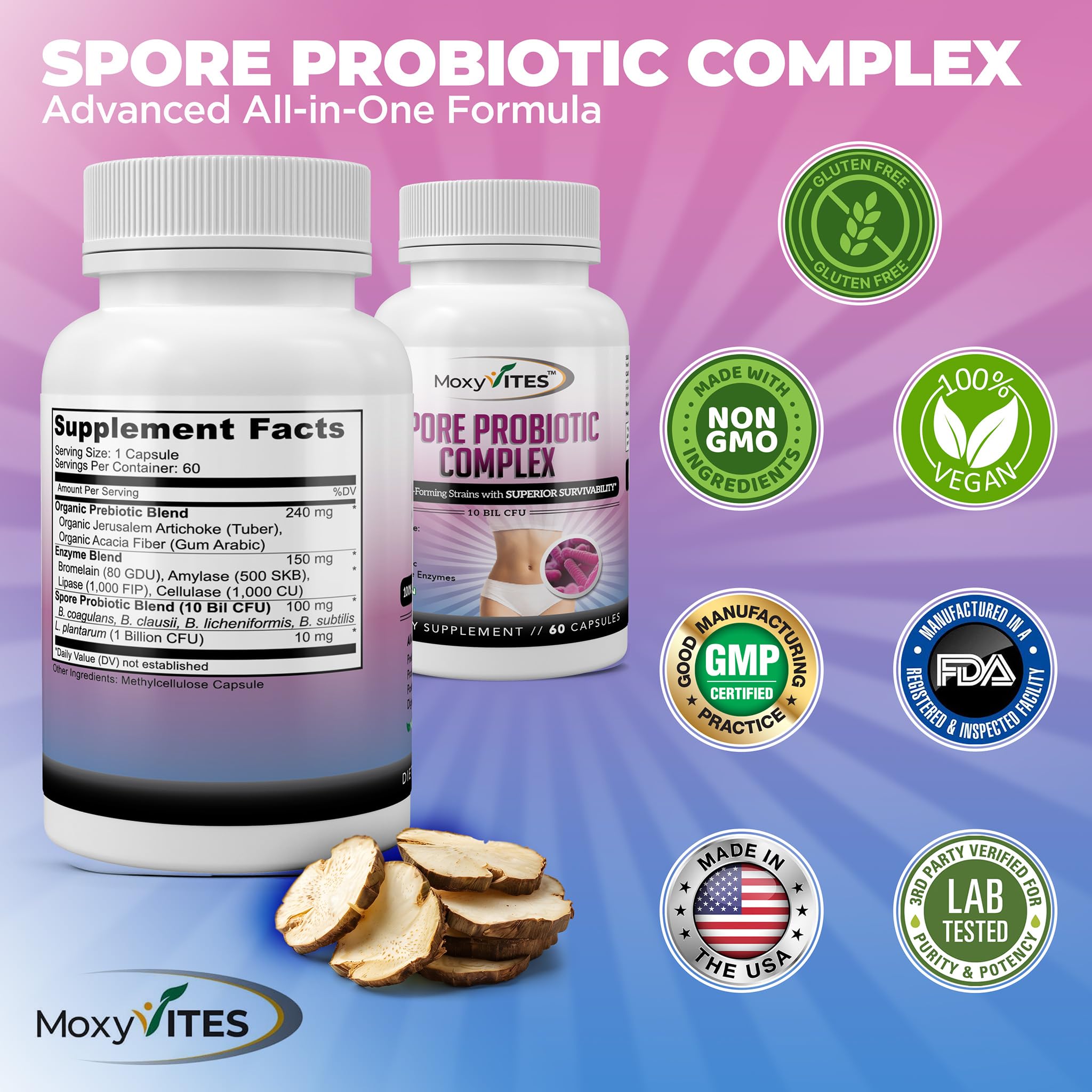 MoxyVites Spore Probiotic Complex - All In One Prebiotics and Probiotics for Digestive Health, Postbiotic, Digestive Enzymes Daily Supplement - Spore Based Probiotic for Women & Men MoxyVites Au supplements