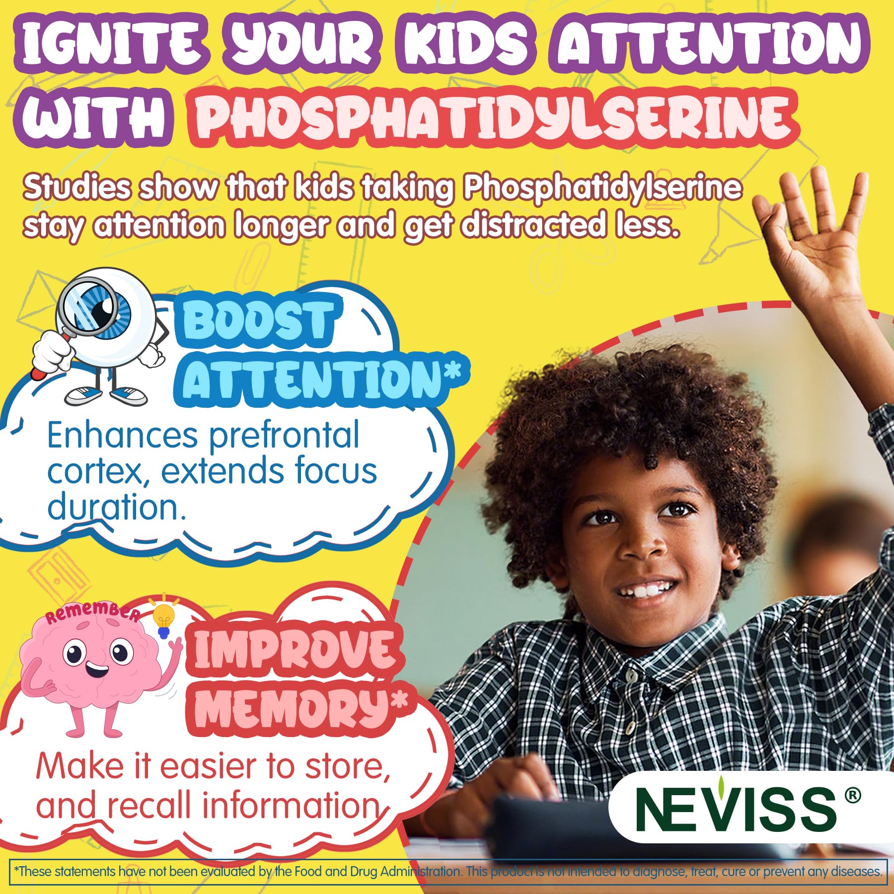 Kids Focus Gummies - Brain Supplements with Vegan Omega 3 DHA, Phosphatidylserine, L-Theanine, L-Tyrosine, Methylated B6 & B12 for Kids & Teen Support Attention, Memory, Nootropic, Sugar Free 60cts NEVISS Au supplements