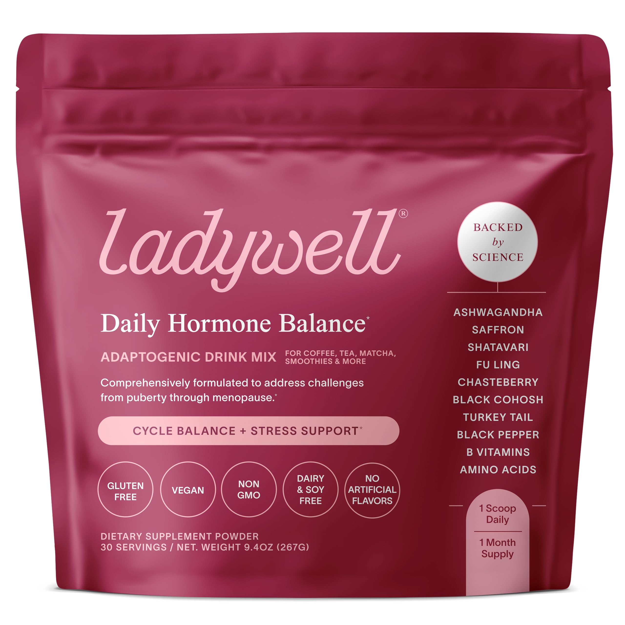 Ladywell Daily Hormone Balance Powder | Natural Cycle Support for Women | Supports Mood, Bloating, Cramps, Skin Health & Cravings with Chasteberry, B Vitamins, Ashwagandha, Saffron + | 30 Servings Ladywell Au supplements
