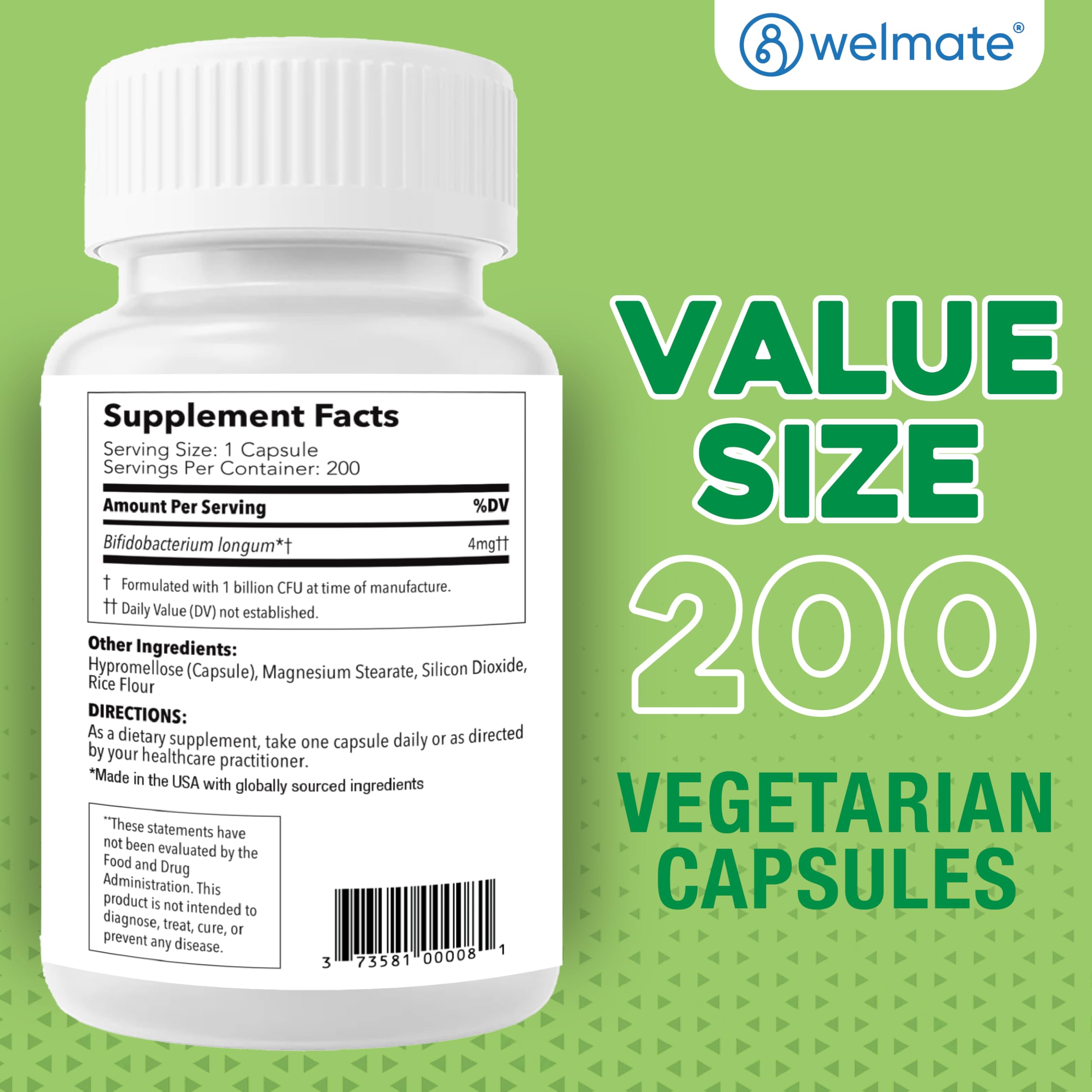 WELMATE Bifidobacterium - Probiotic Supplement - Supports Gut Health - Immune Support - Digestive Enzymes - Gluten Free - Vegan - Men & Womens Probiotic - Value Size - 200 Count WELMATE Au supplements